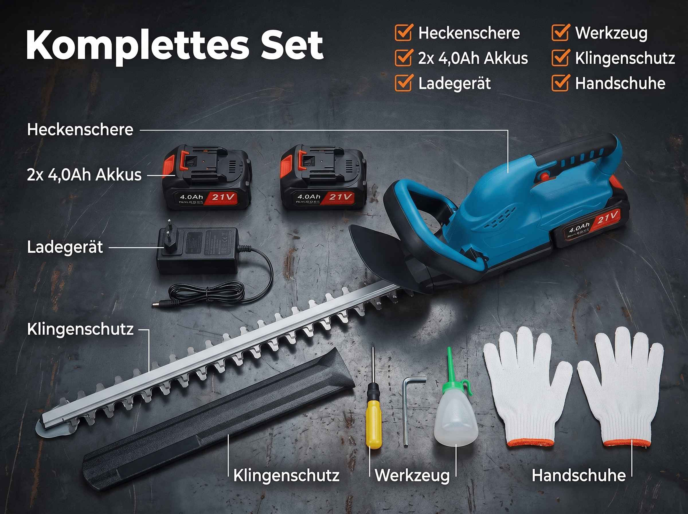 Ein Set mit einer Heckenschere, zwei Akkus, Ladegerät, Klingenschutz, Werkzeug und Handschuhen.