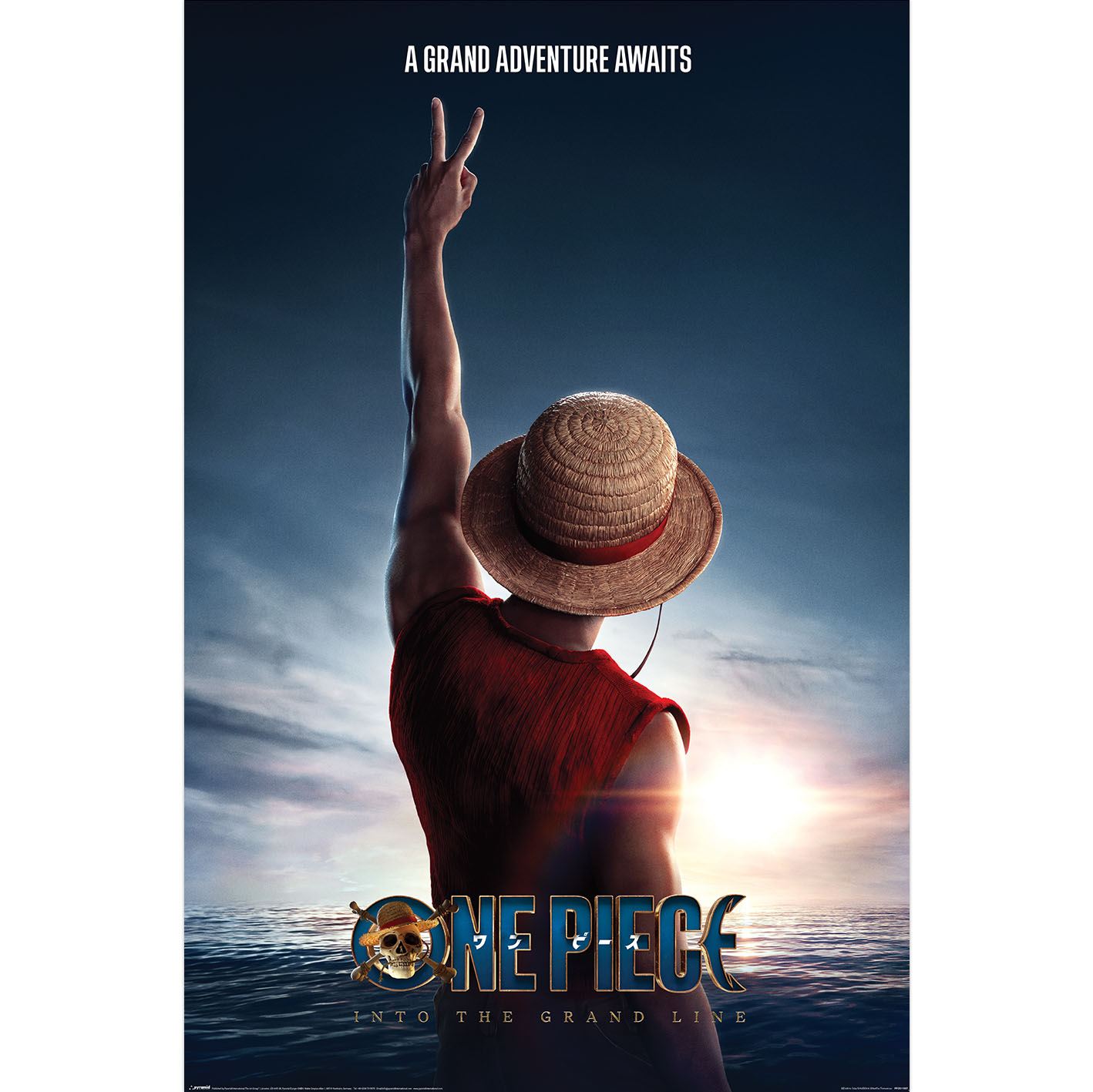 Mann mit Strohhut hebt Hand mit zwei Fingern zum Himmel, "One Piece" Logo.