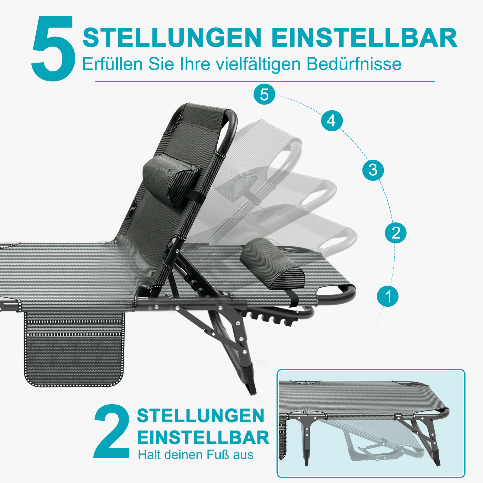 Ein verstellbarer Liegestuhl in Grau mit 5 Positionen und deutschen Text.