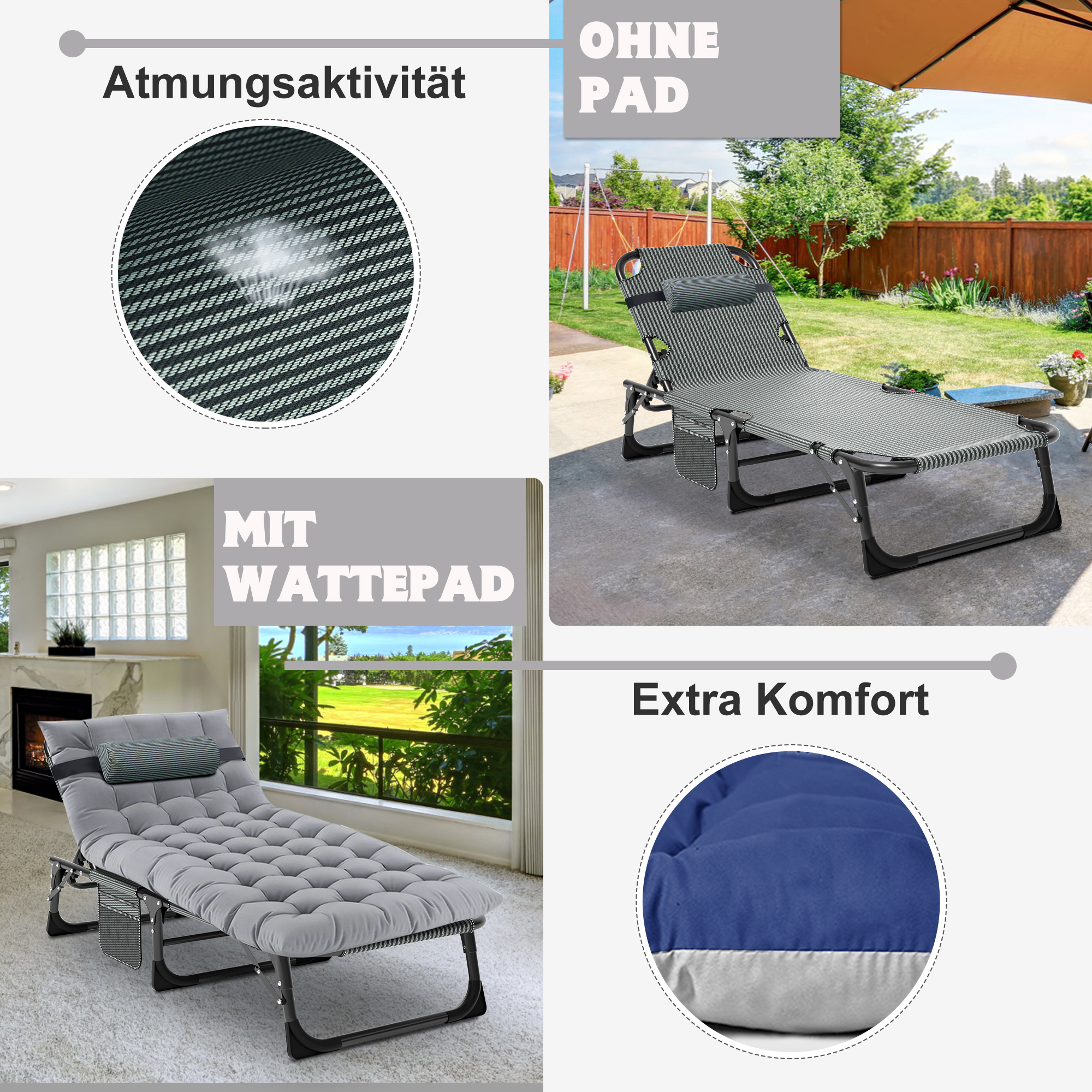 Zwei Liegestühle: einer ohne Kissen im Garten, einer mit Kissen drinnen.
