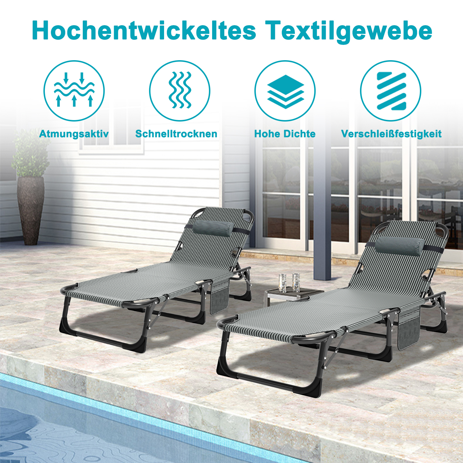 Zwei gestreifte Liegestühle am Pool, mit Icons für Atmungsaktivität, Schnelltrocknung, Dichte, Haltbarkeit.
