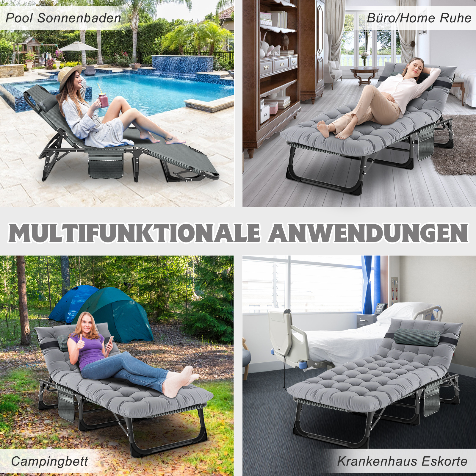 Vier Szenen: Frau am Pool, Frau ruht sich aus, Frau beim Camping, Liege im Krankenhaus.