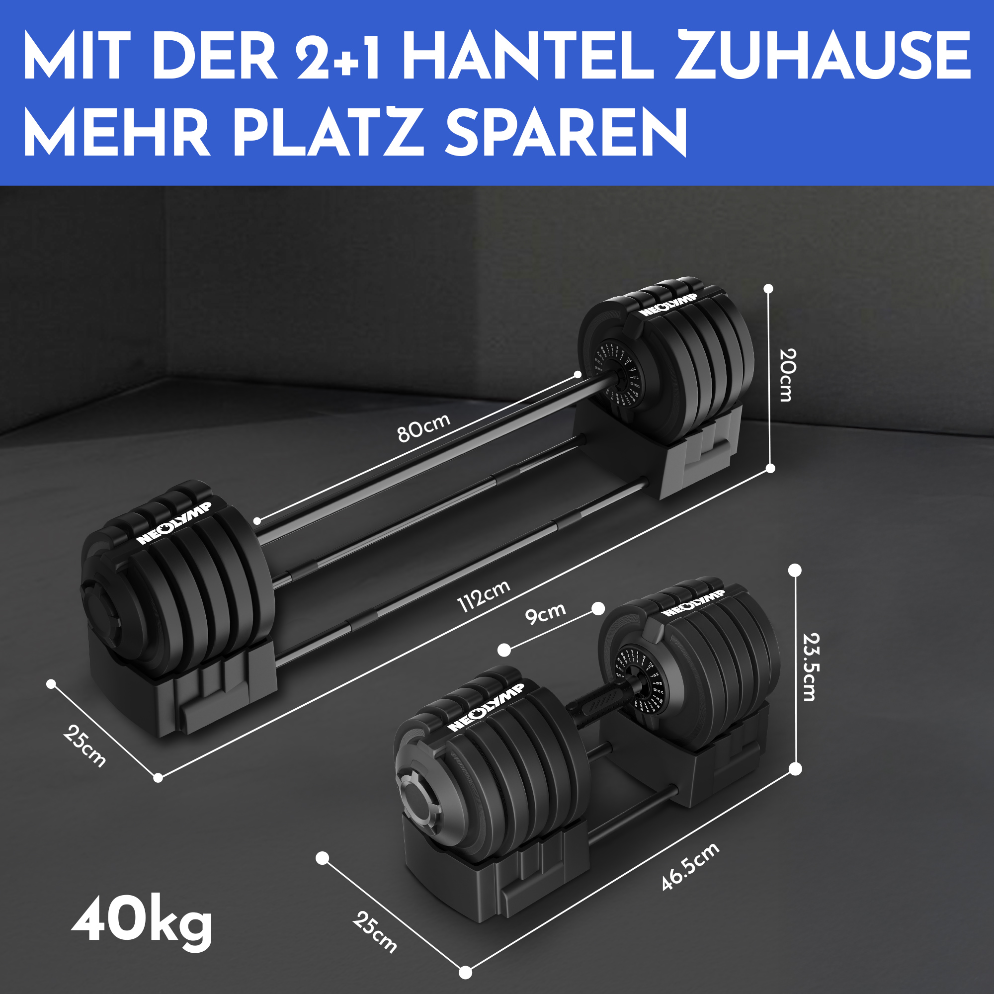 Verstellbare Hanteln mit Gewichtsangabe 40kg und Maßen.