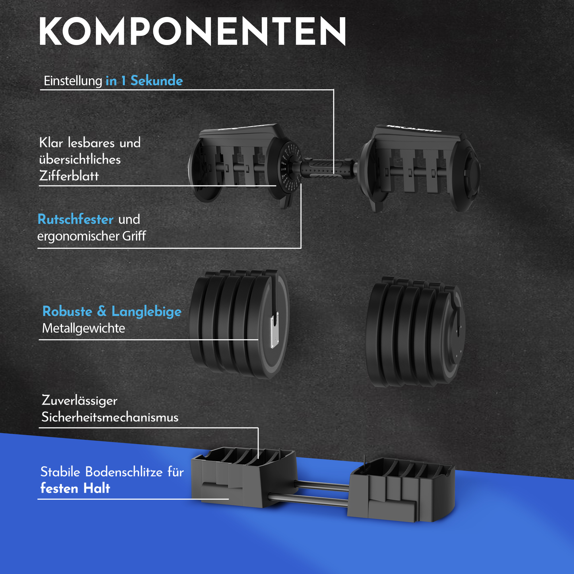 Dumbbell components: adjustable dumbbell, weights, and base.