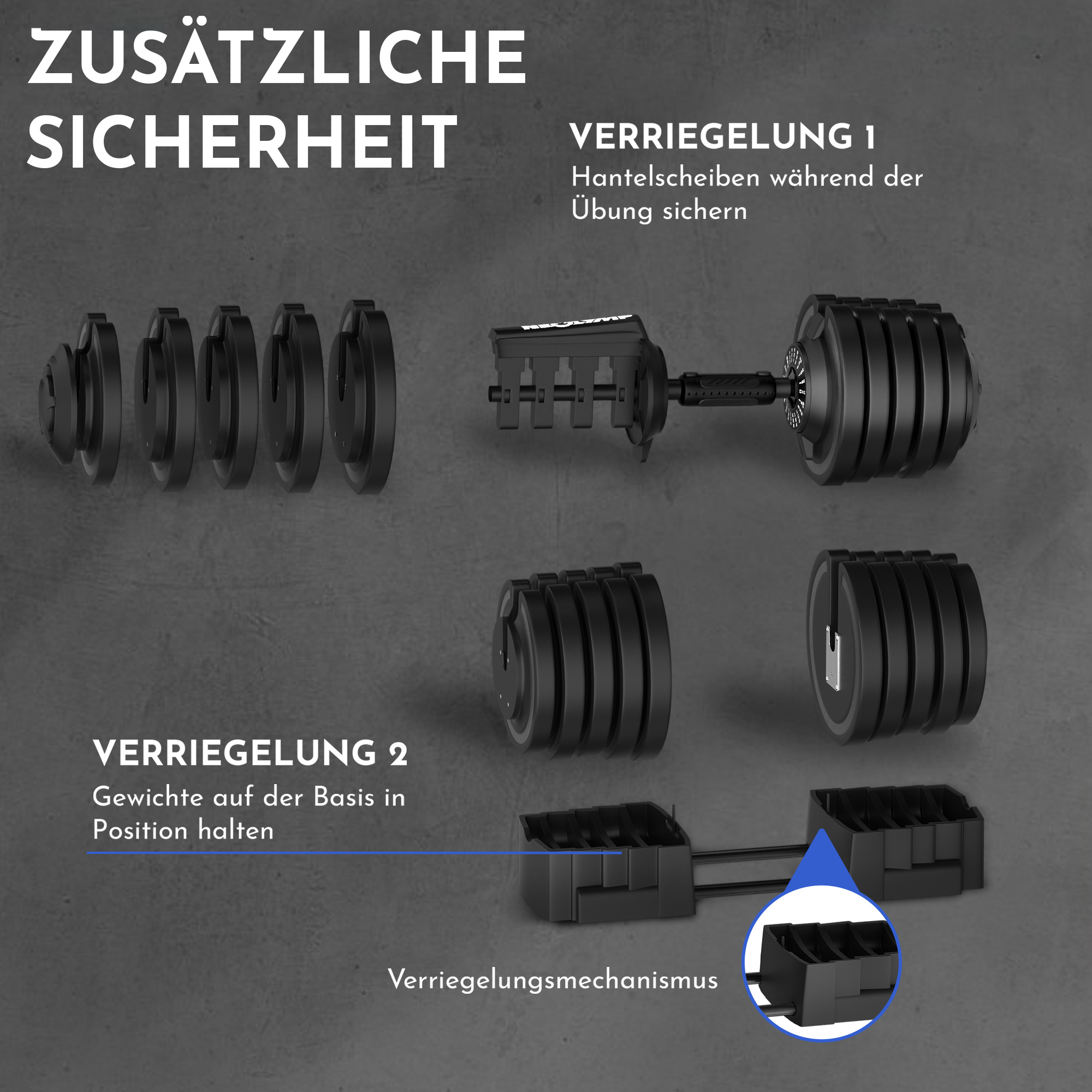 Verriegelungsmechanismus für Hantelscheiben, mit Gewichten in Position.
