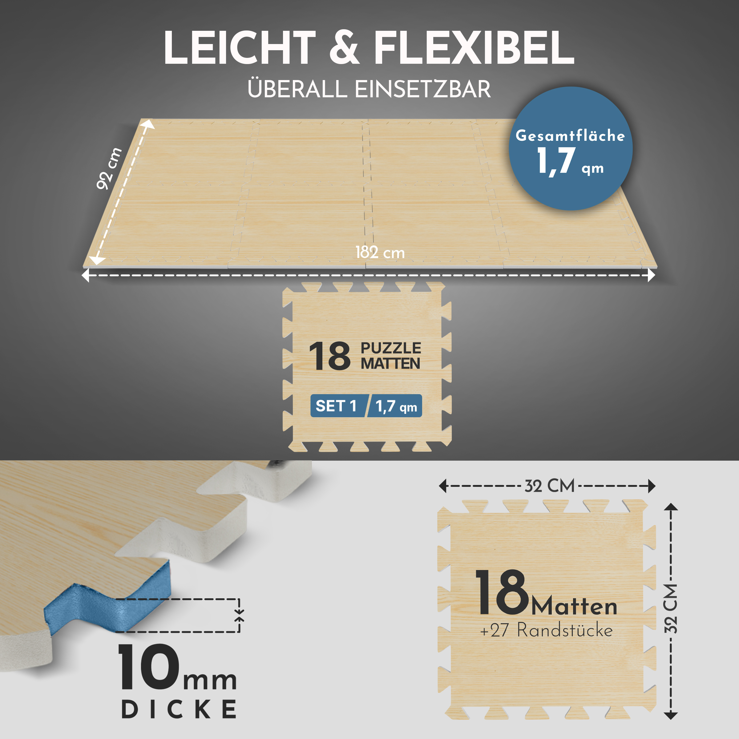 Puzzlematten mit Holzoptik, 10mm dick, Gesamtfläche 1,7 qm.