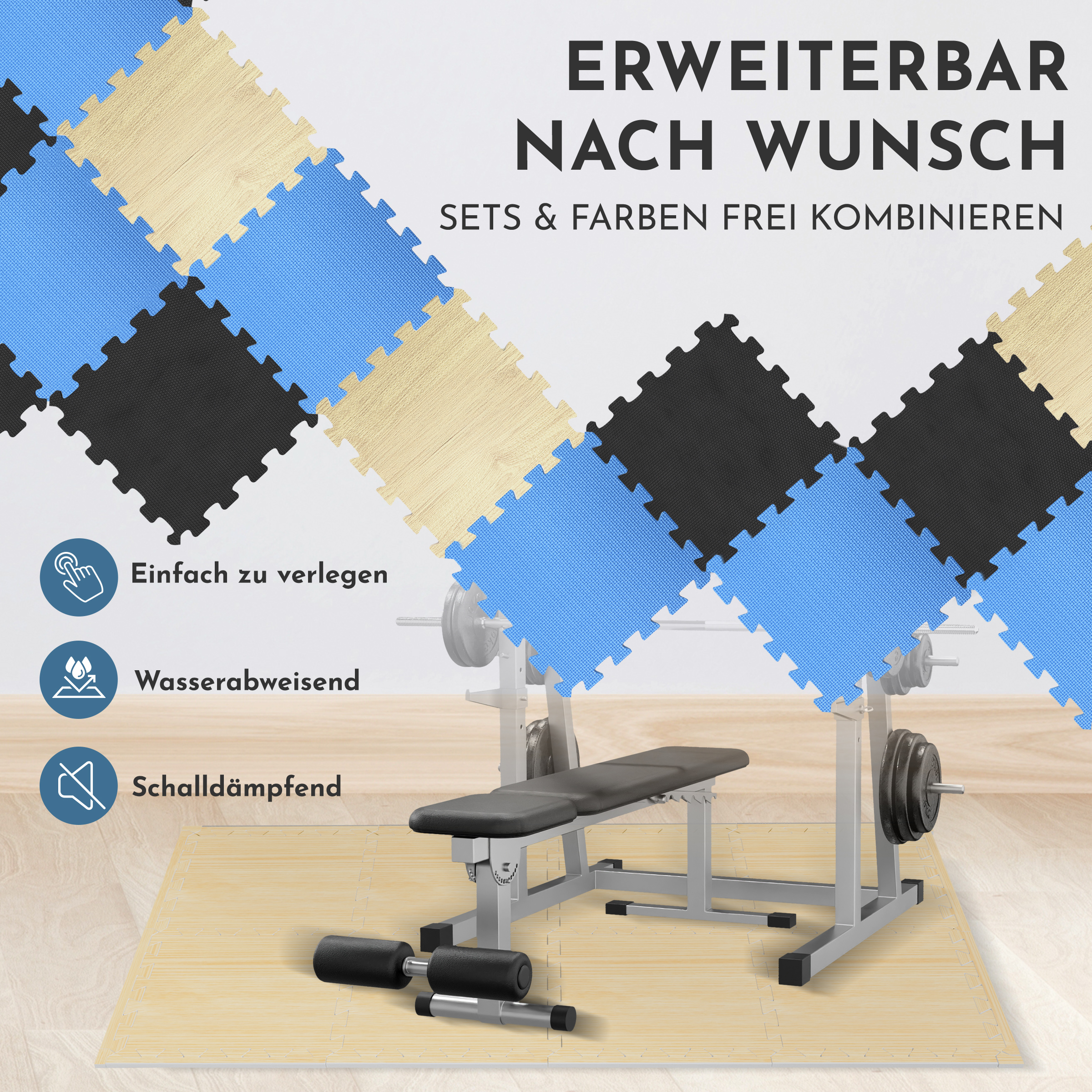 Puzzlematte in blau, schwarz, weiß und Holzoptik; Hantelbank mit Gewichten.