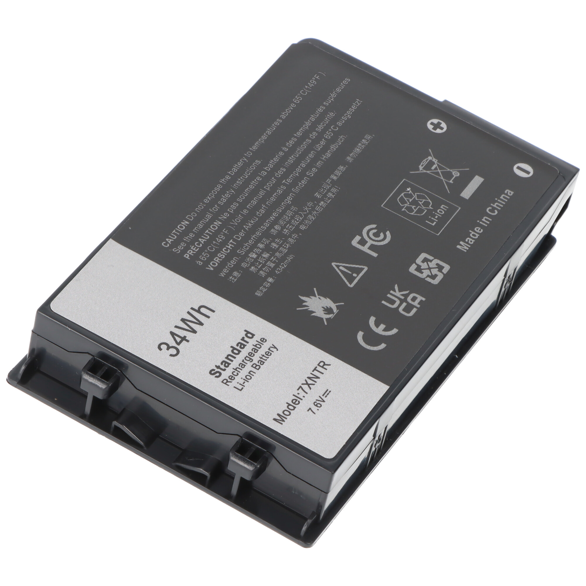 Ein grauer Li-Ion Akku mit 34Wh, Modell 7XNTR, 7.6V. Made in China.