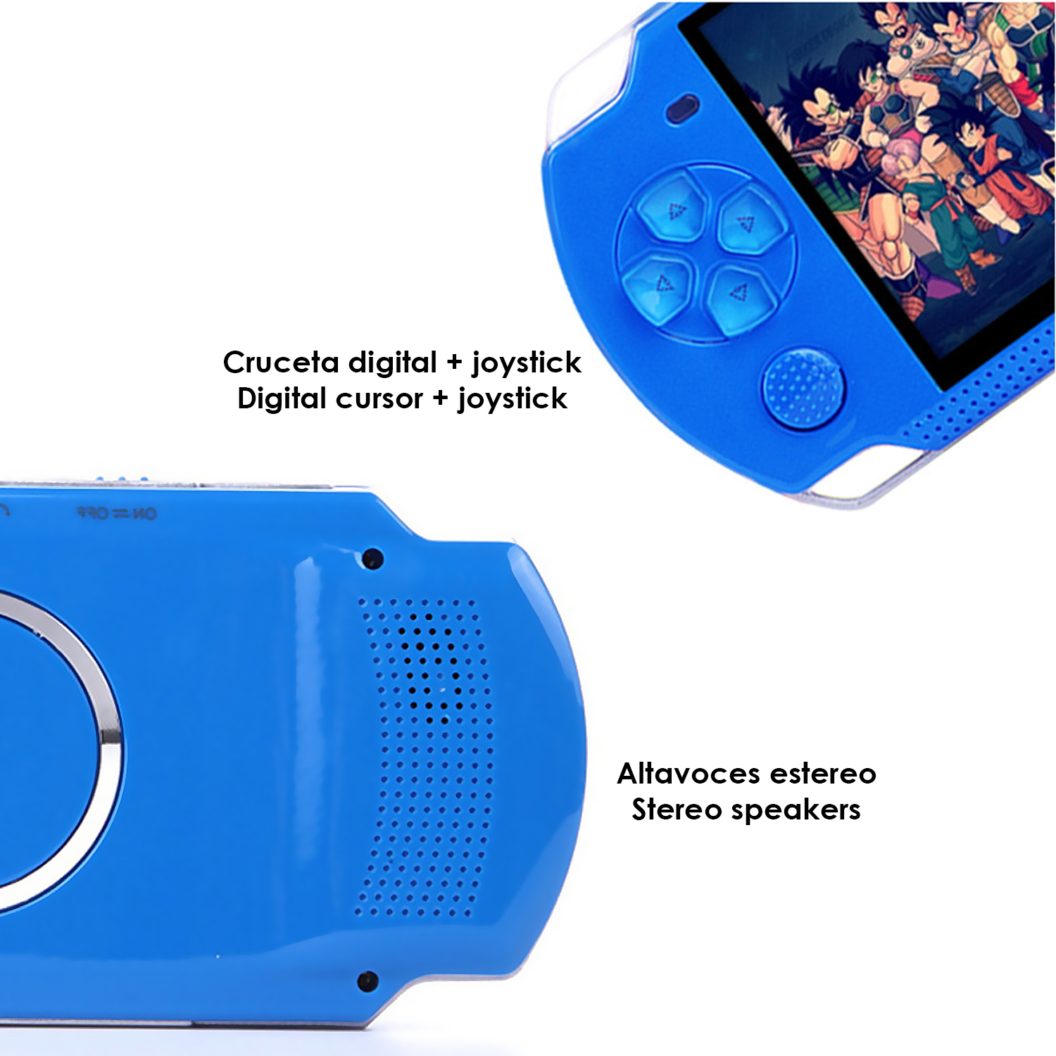 Consola portátil azul mostrando pantalla de juego, cruceta, joystick y altavoces.