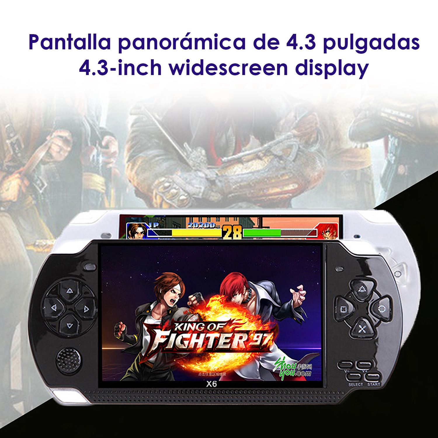 Dispositivo de juego portátil con pantalla ancha de 4,3 pulgadas que muestra "King of Fighters 97".