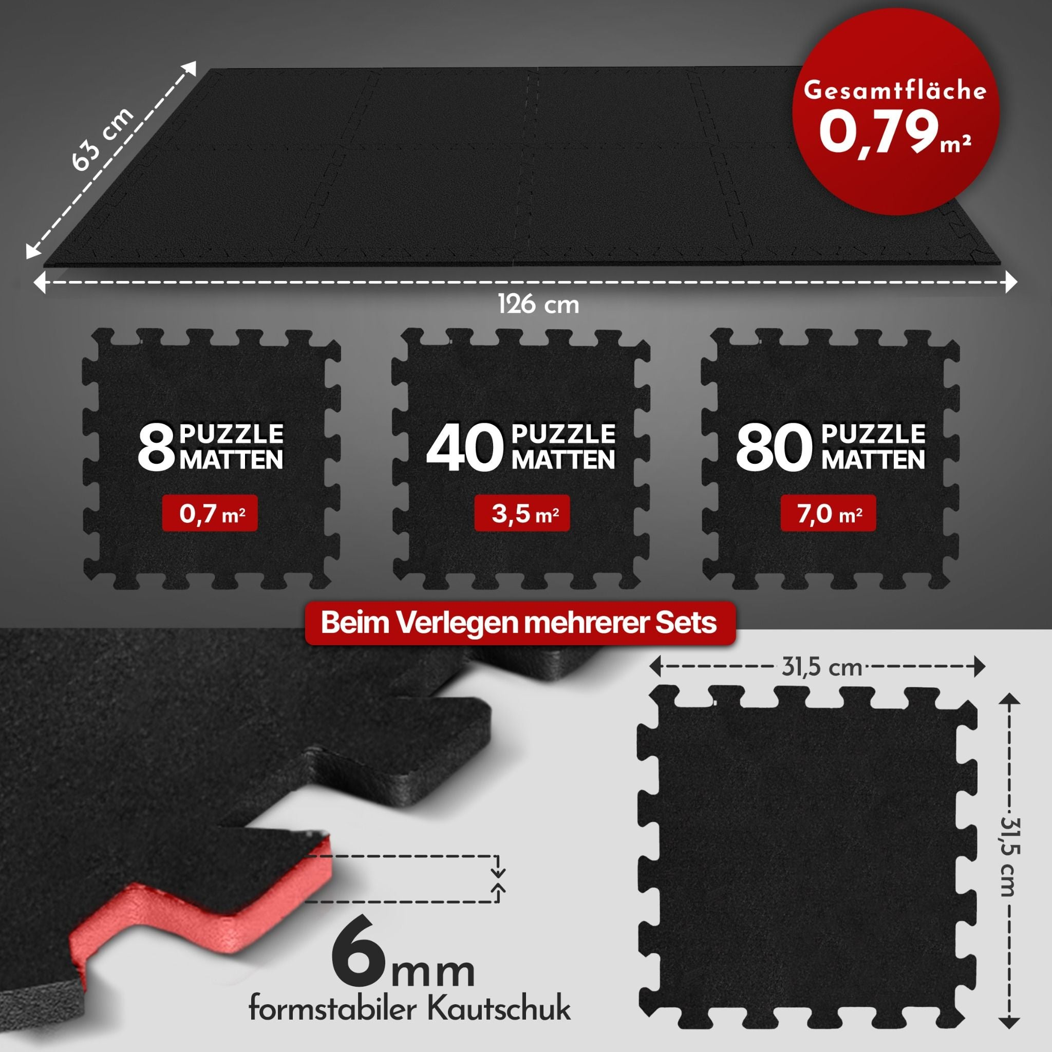 Schwarze Puzzlematten, 6mm dick, mit Maßen und verschiedenen Set-Größen.
