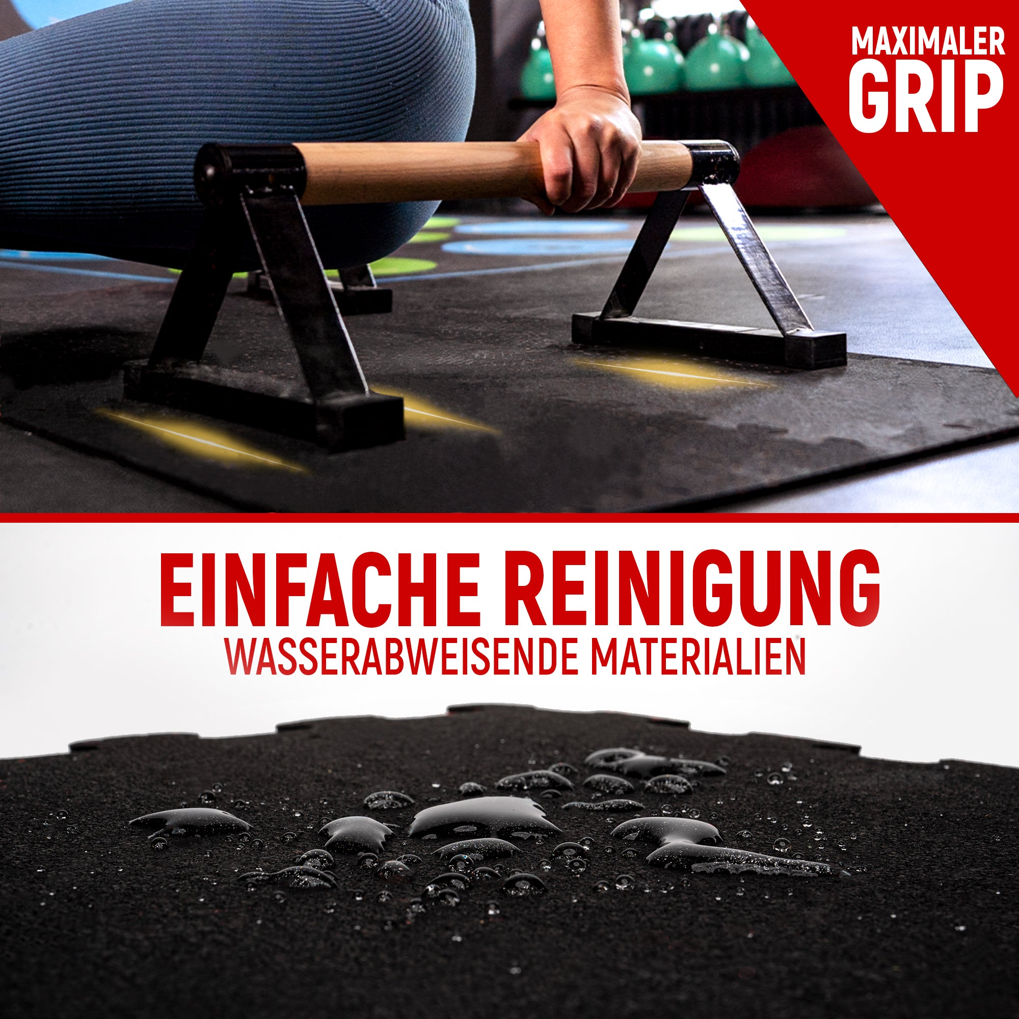 Person nutzt Liegestütze; schwarze Matte mit Wassertropfen. Maximale Griffigkeit.