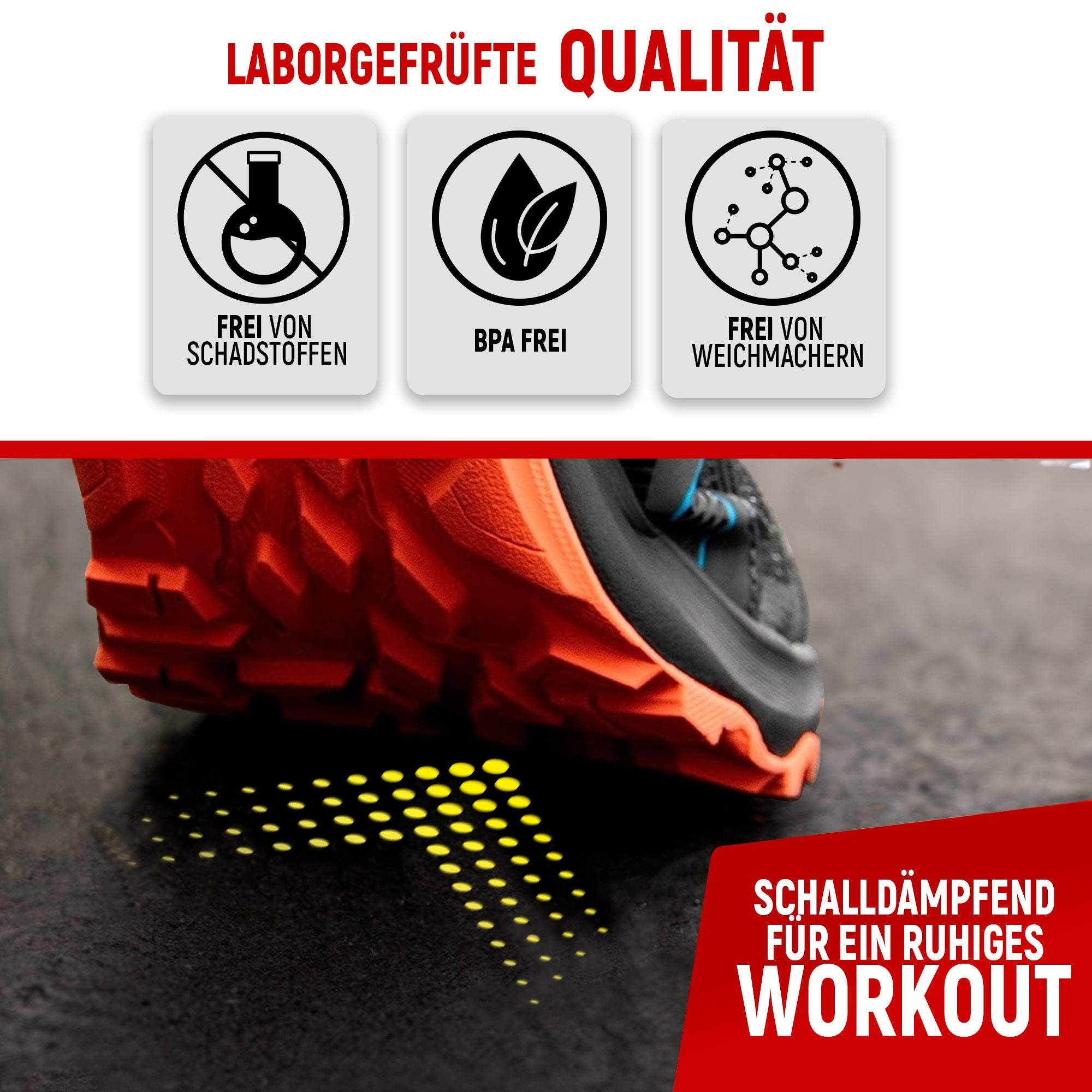 Geprüfte Qualität: Schuhsohle mit Dämpfungseffekt für ruhiges Training.