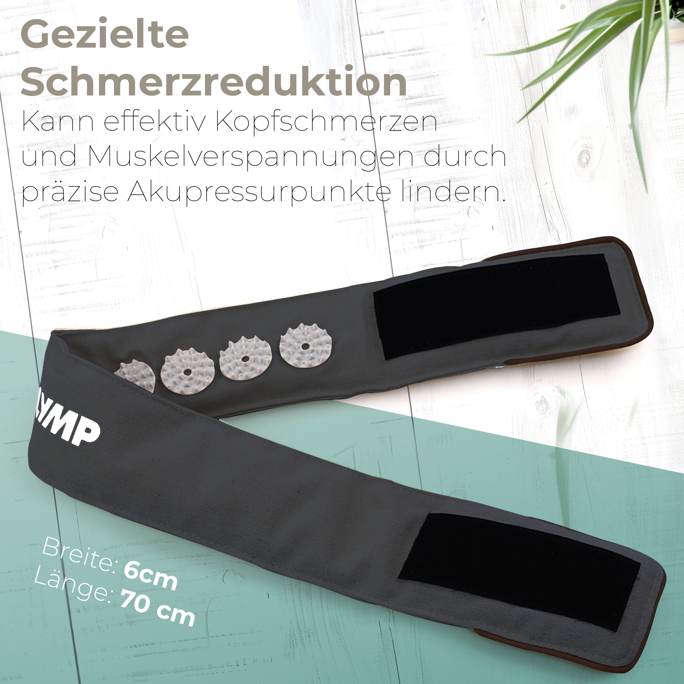 Ein dunkler Akupressur-Gurt mit vier weißen Spitzen liegt auf einem Holzhintergrund.