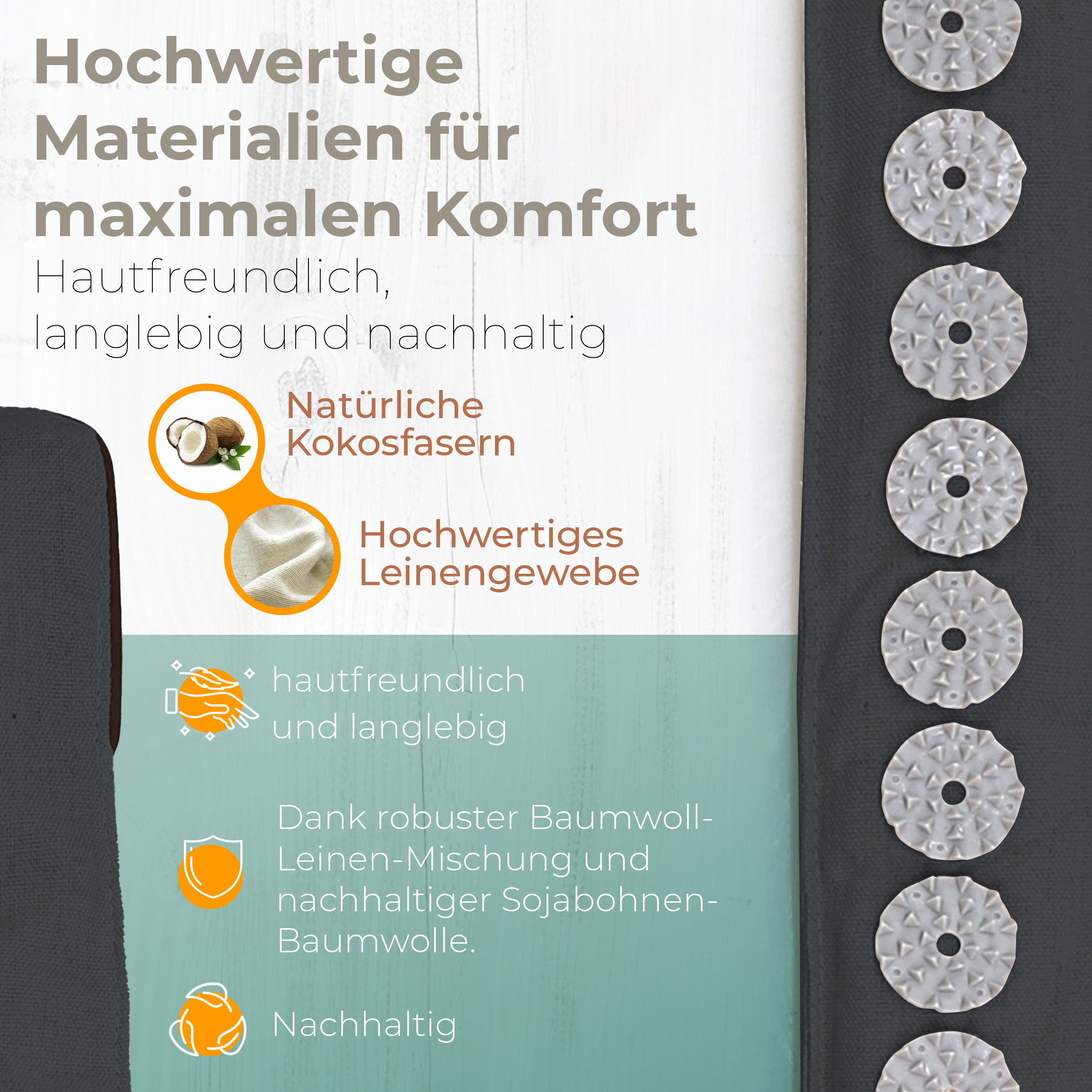 Hochwertige Materialien für maximalen Komfort. Mit Kokosfasern und Leinengewebe.