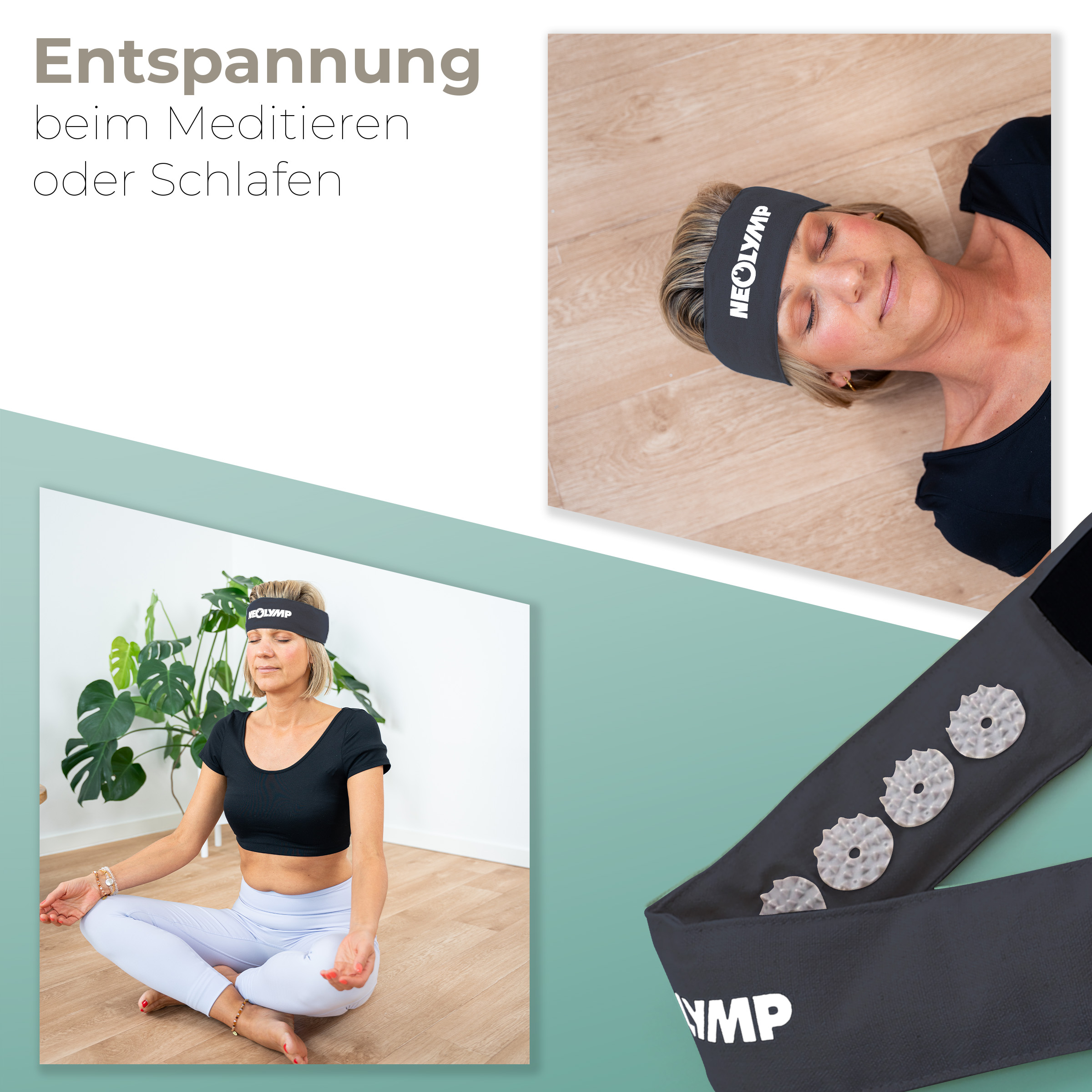 Frau mit Stirnband meditiert im Lotussitz, daneben ein Akupressur-Stirnband.