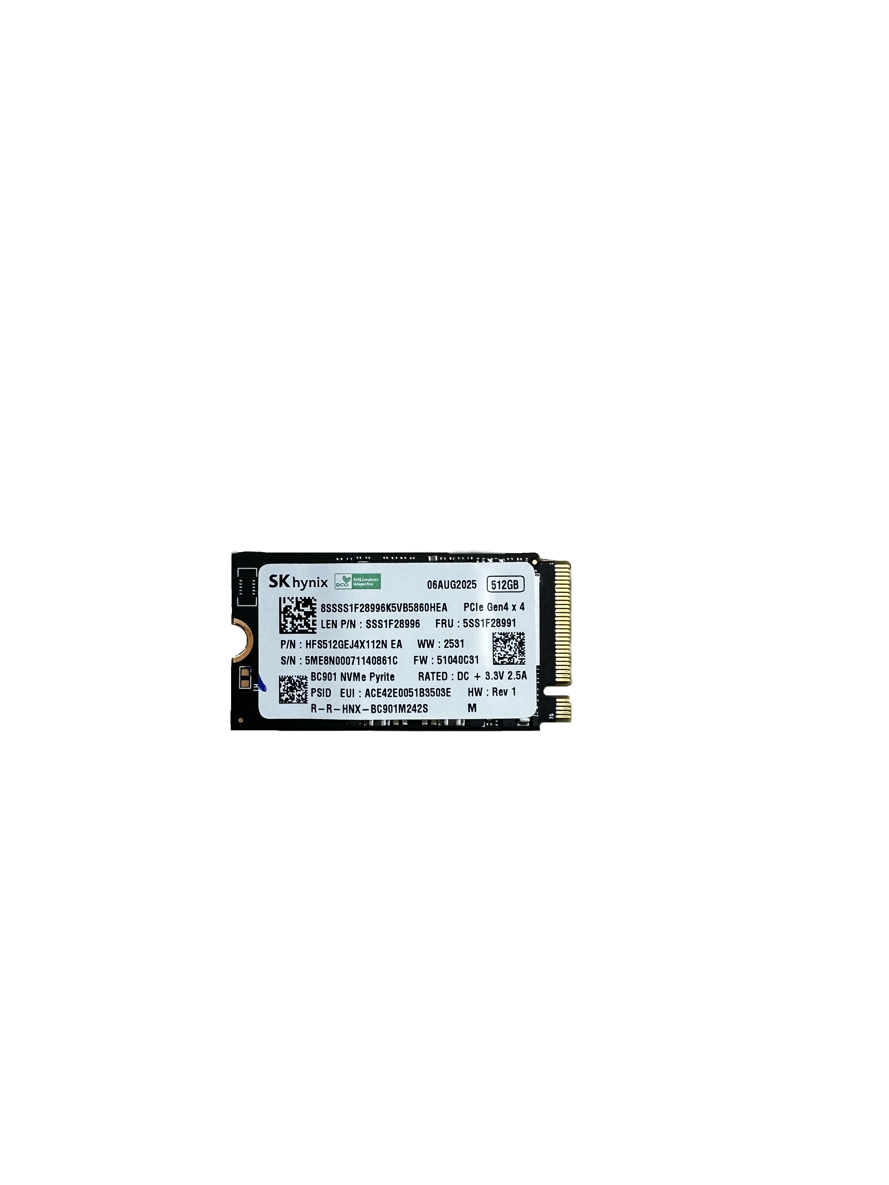 SK hynix 512GB NVMe SSD mit PCIe Gen4 x4, Modell BC901 Pyrite.