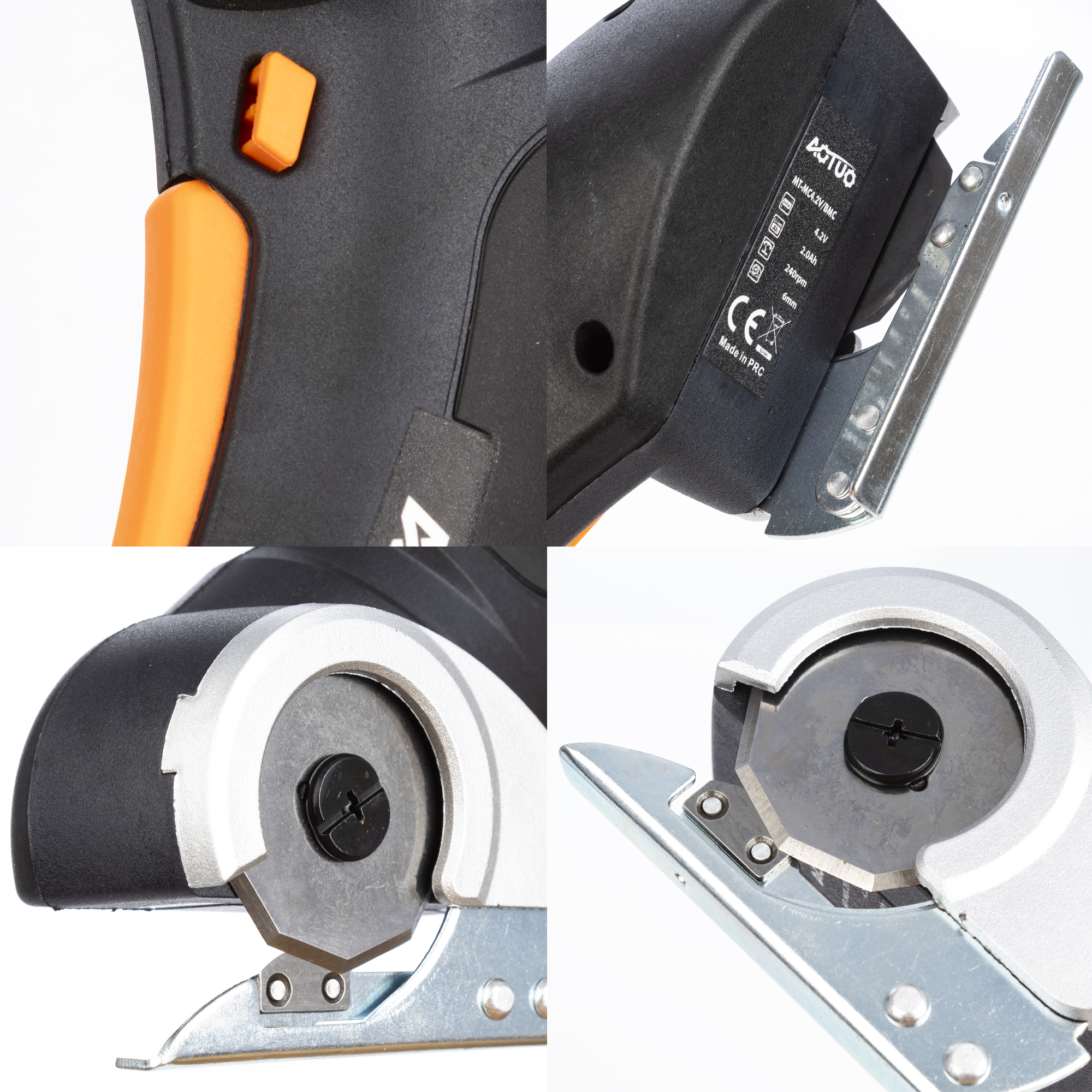 Primer plano de un cortador rotatorio eléctrico inalámbrico con mango naranja y cuerpo negro.
