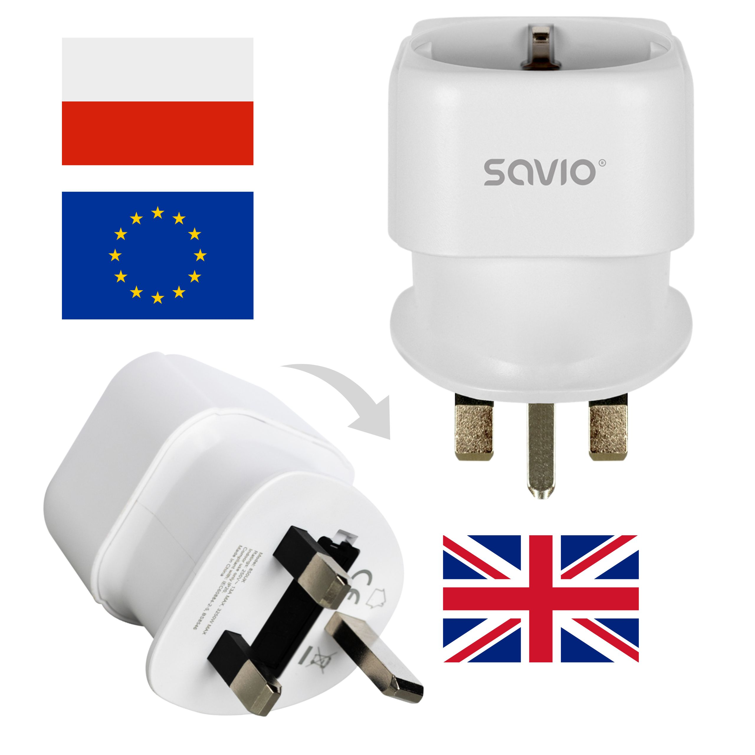 Biały adapter podróżny z wtyczkami UE i UK, obok flag Polski i UE.