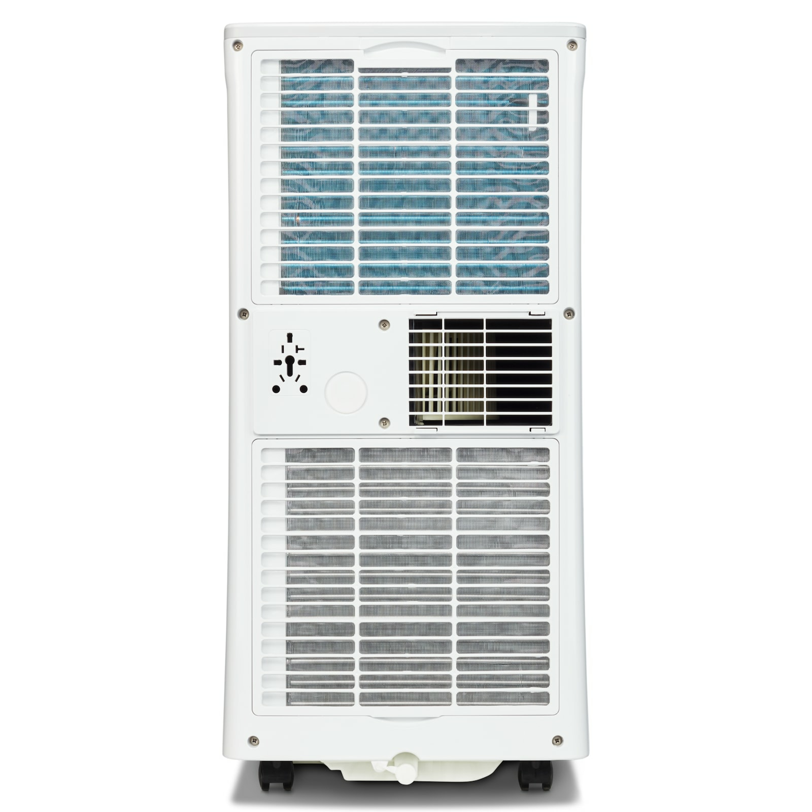 Rückseite eines weißen Klimageräts mit Lüftungsschlitzen und Anschlüssen.