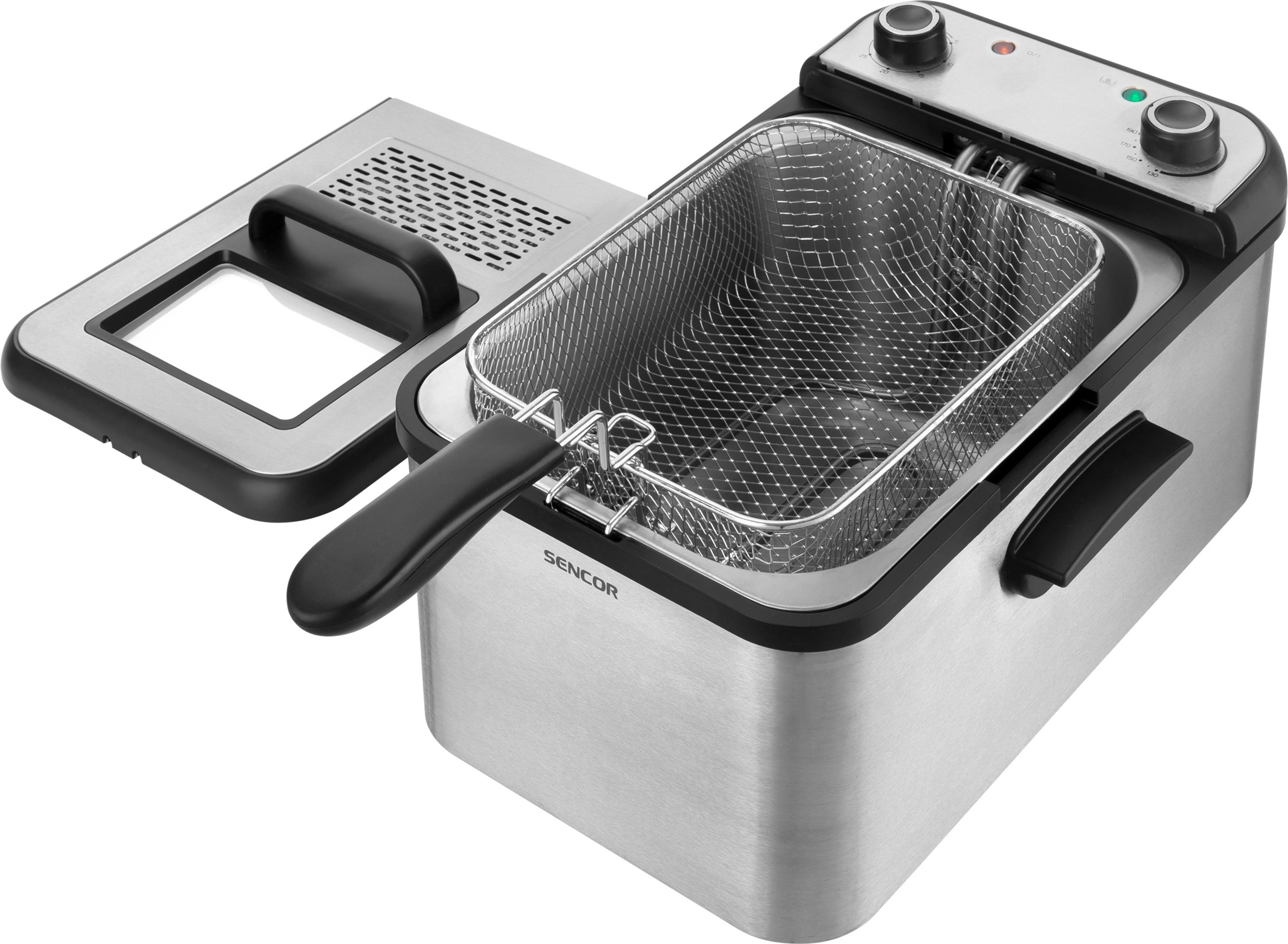 A silver Sencor deep fryer with its lid open, showing the removable basket.