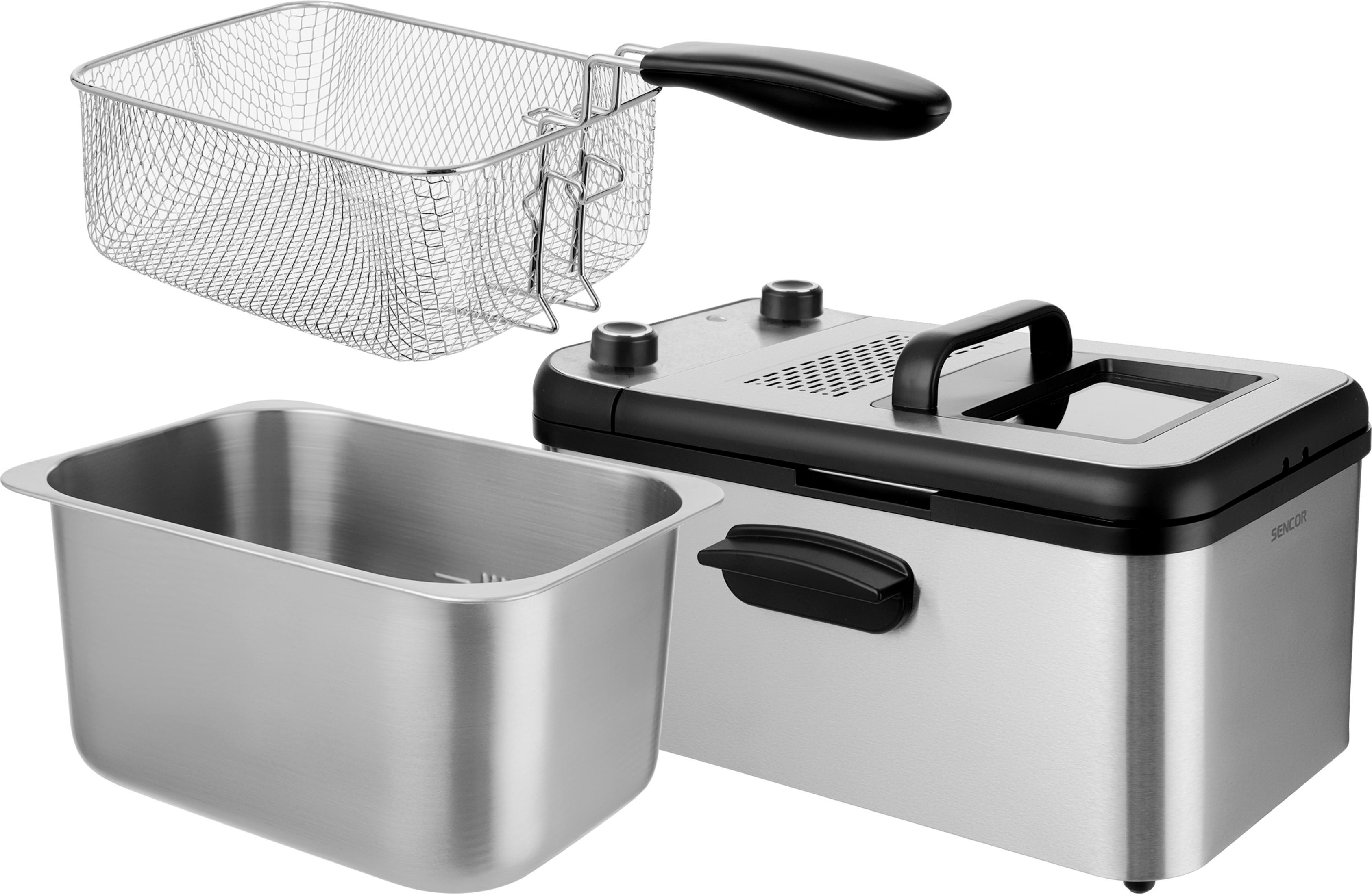 A silver deep fryer with a black handle and basket next to it.