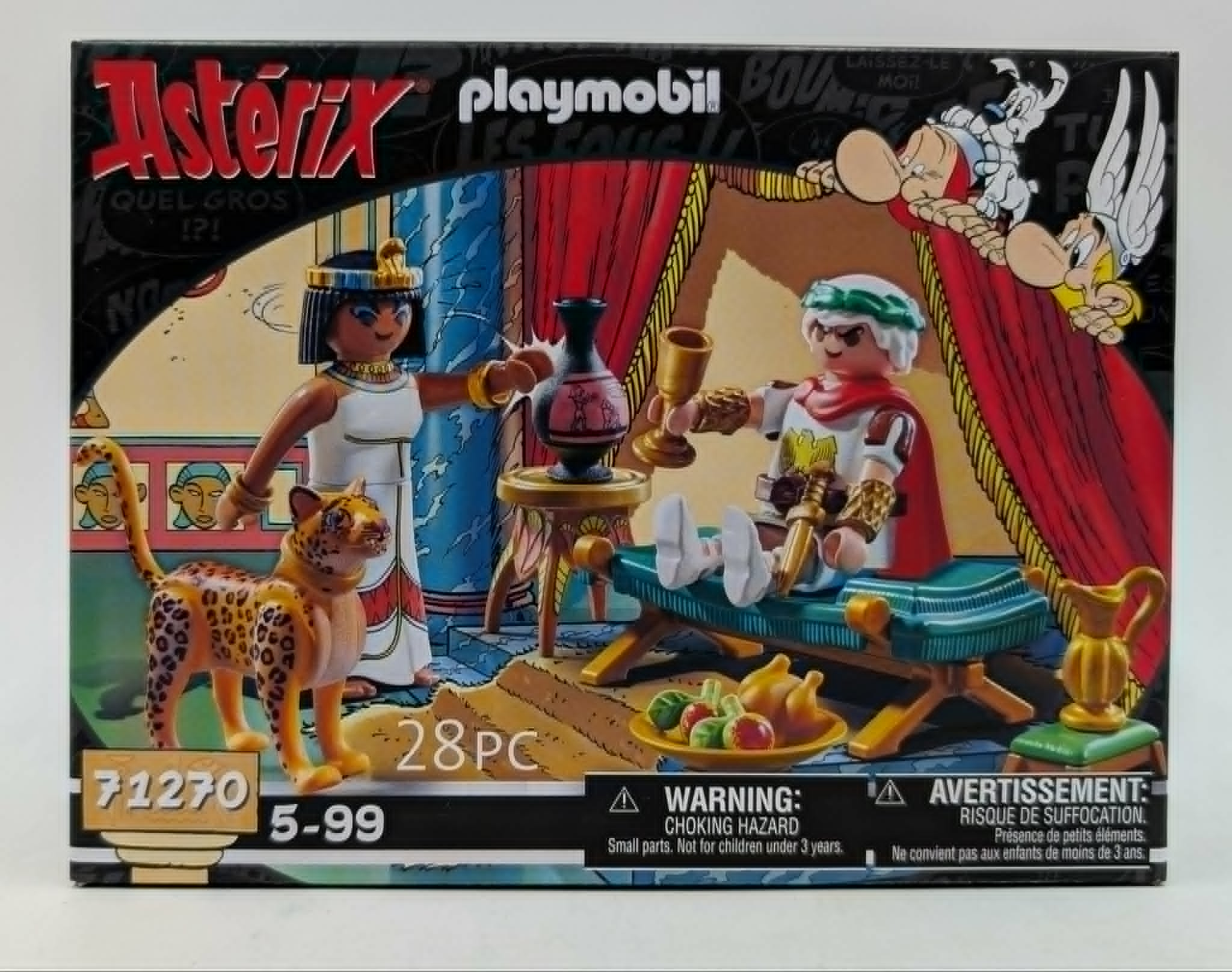 Playmobil set met Asterix-personages, Egyptische vrouw, luipaard en Romeinse soldaat.