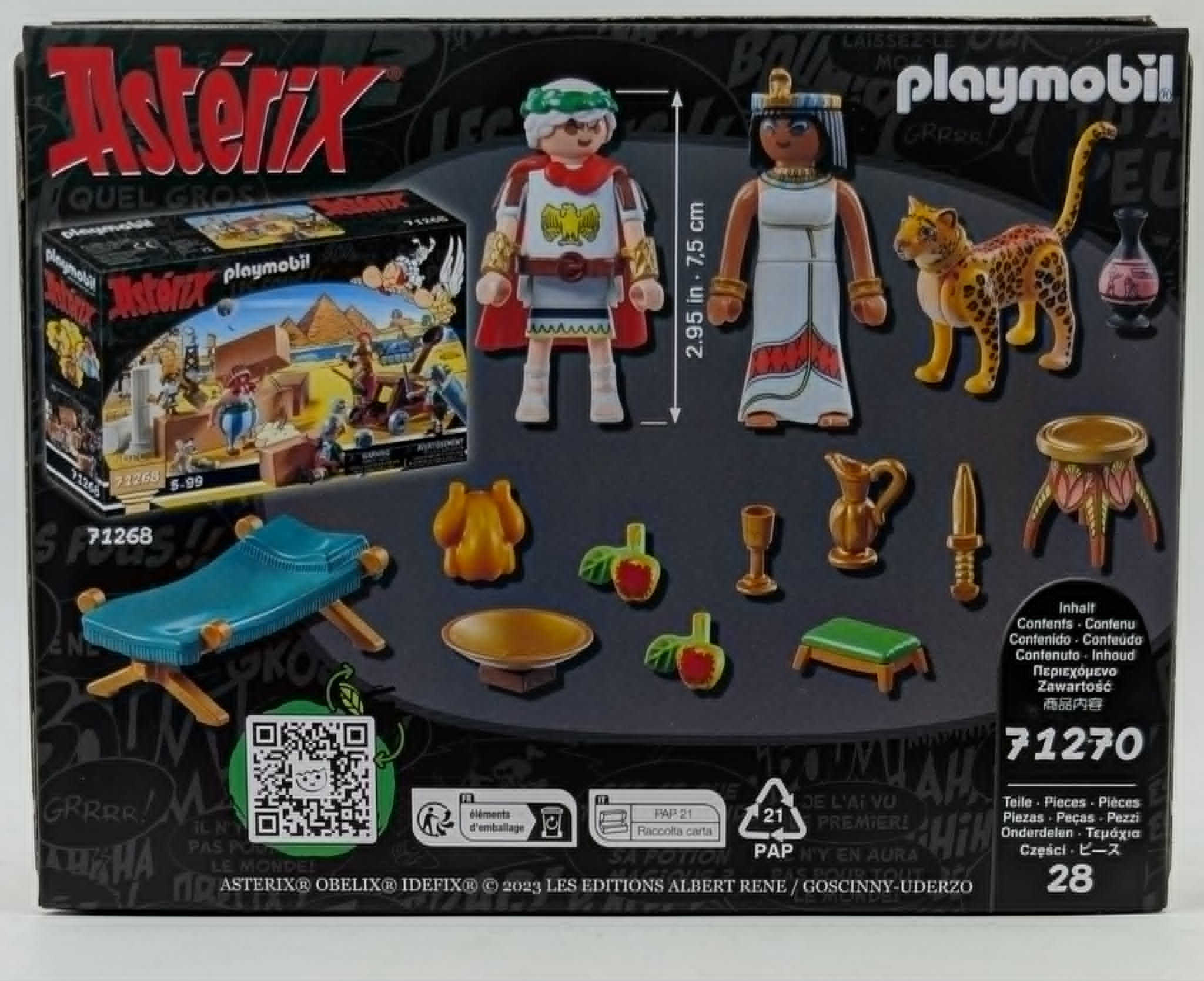 Playmobil Asterix set met figuren, dieren en accessoires op zwarte achtergrond.