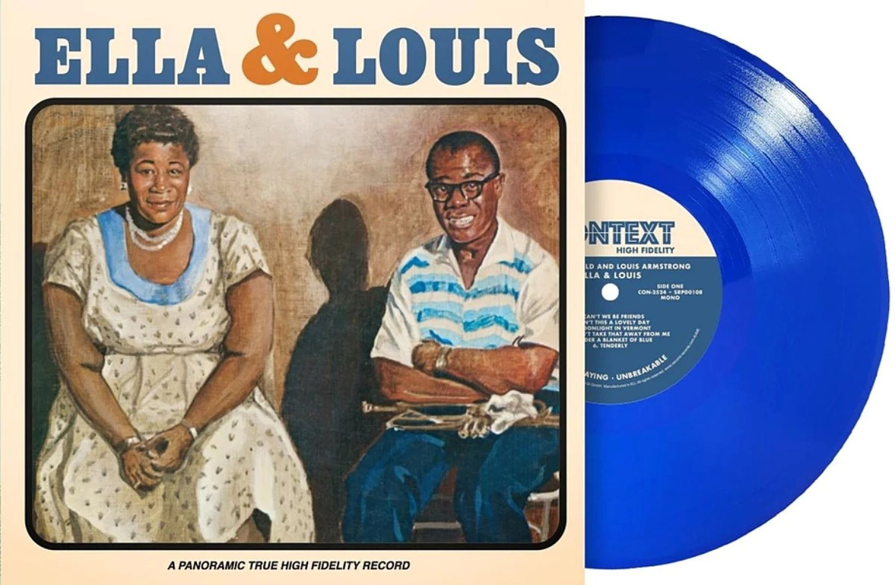Copertina dell'album di Ella Fitzgerald e Louis Armstrong accanto a un disco in vinile blu.
