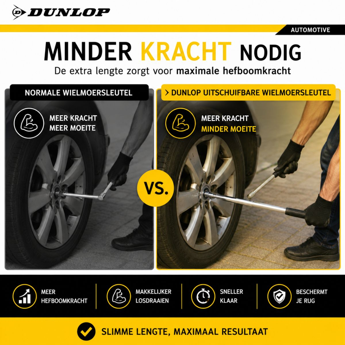 Vergelijking wielmoersleutels: meer kracht nodig vs. minder kracht.