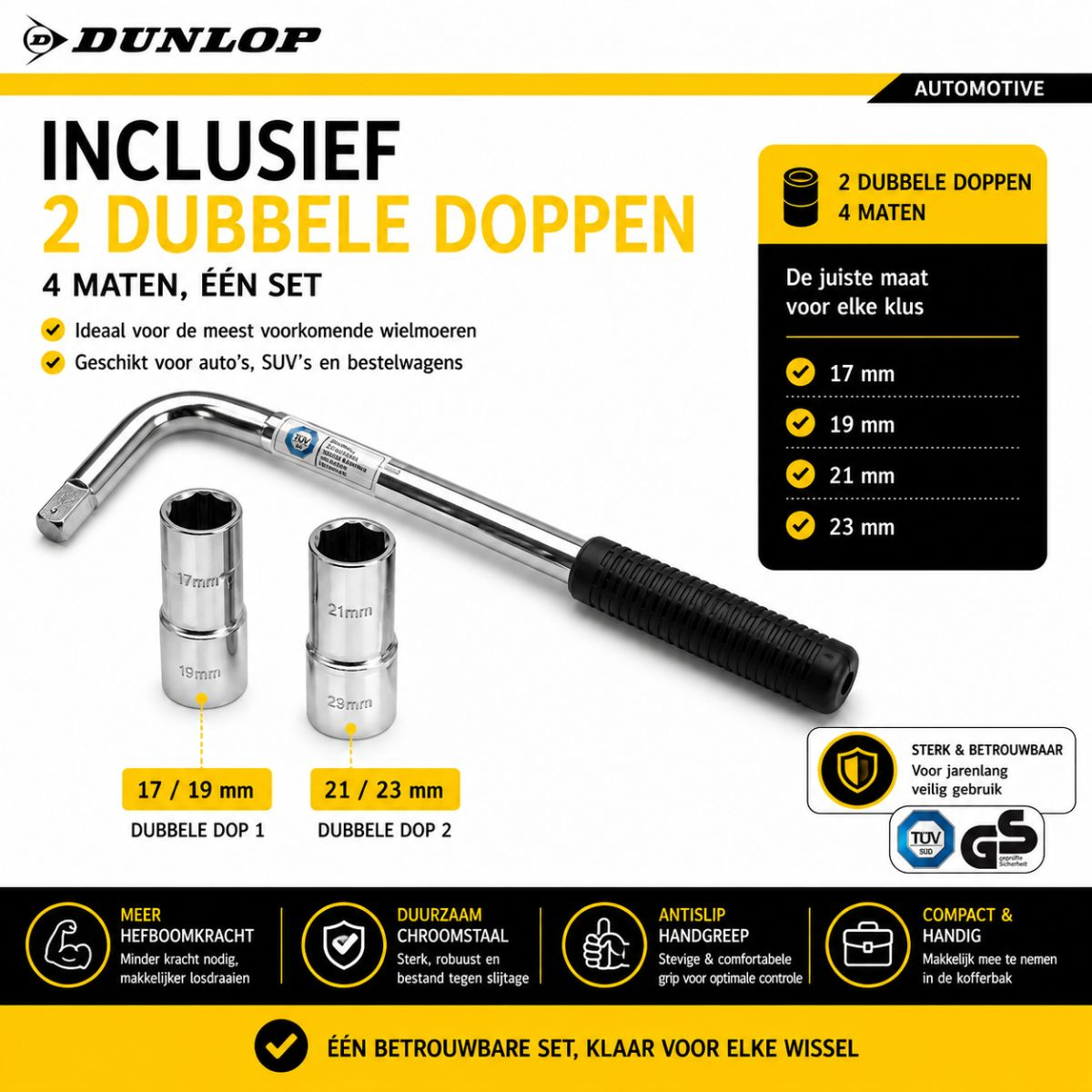Dunlop gereedschapset: Momentsleutel met 4 doppen (17, 19, 21, 23 mm).