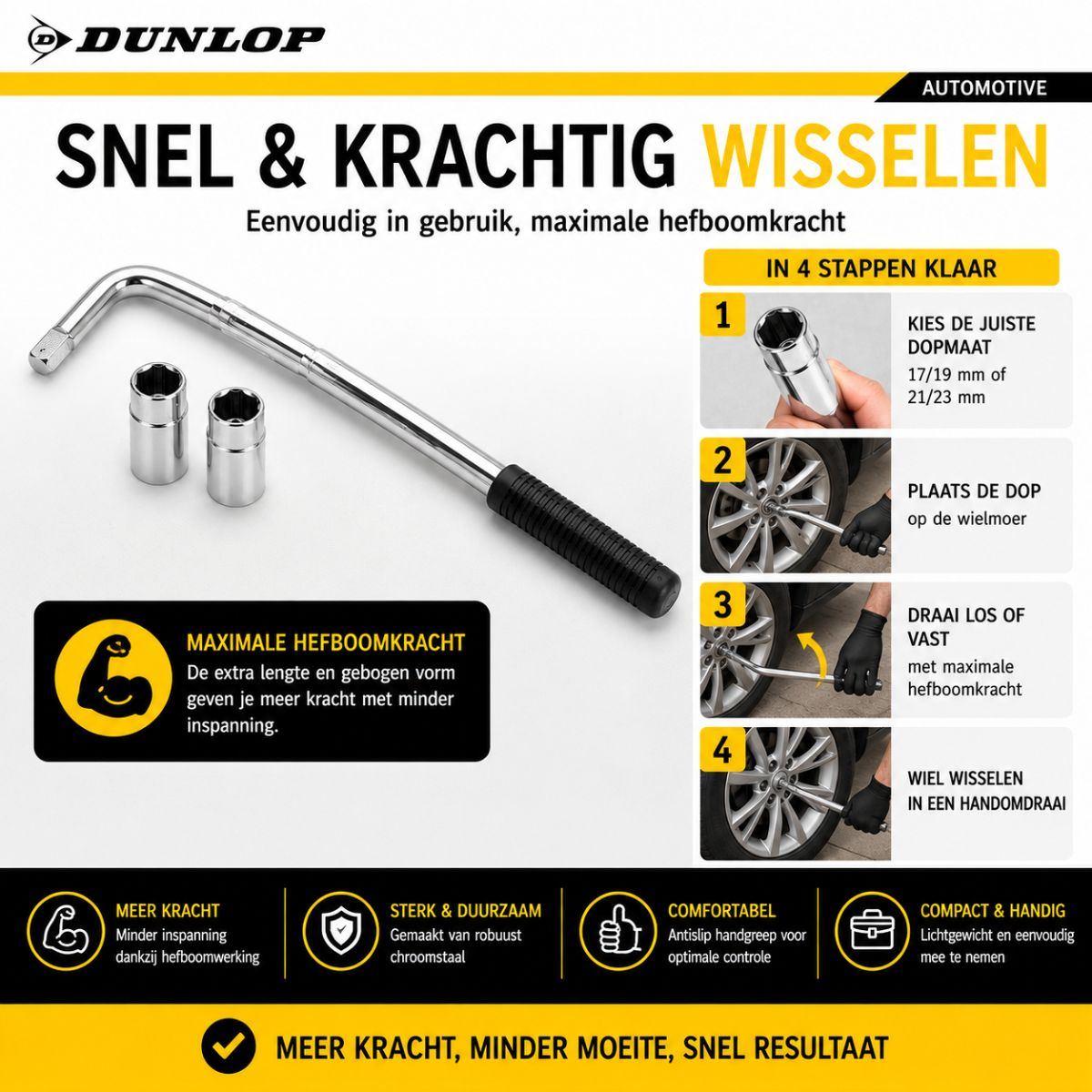Dunlop krikstang met doppen en instructies in 4 stappen.