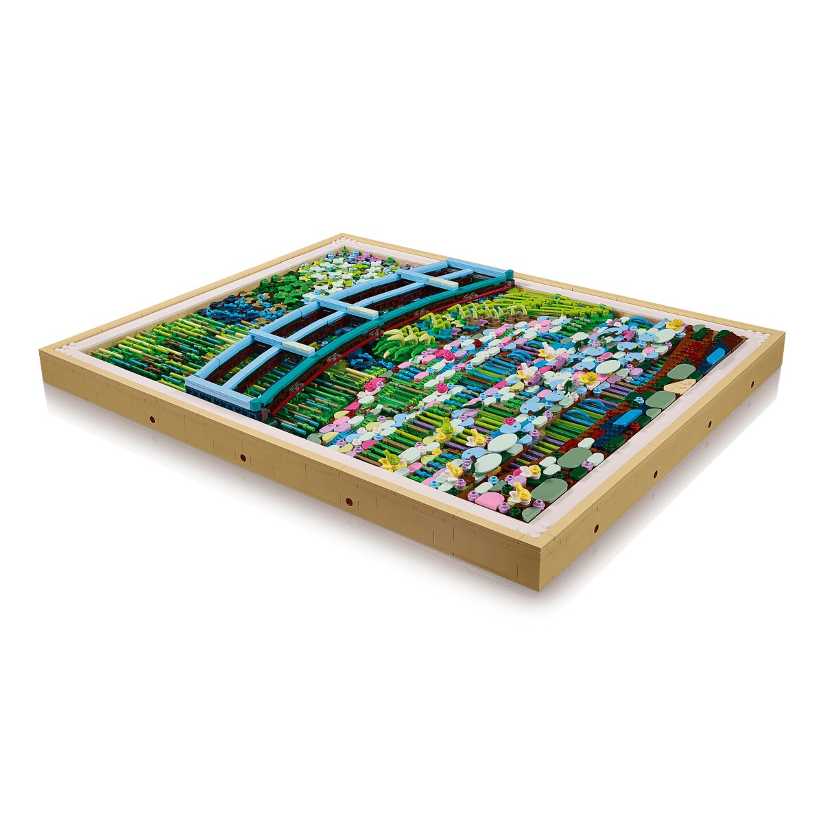 Un colorido paisaje de Lego con puente y flores.