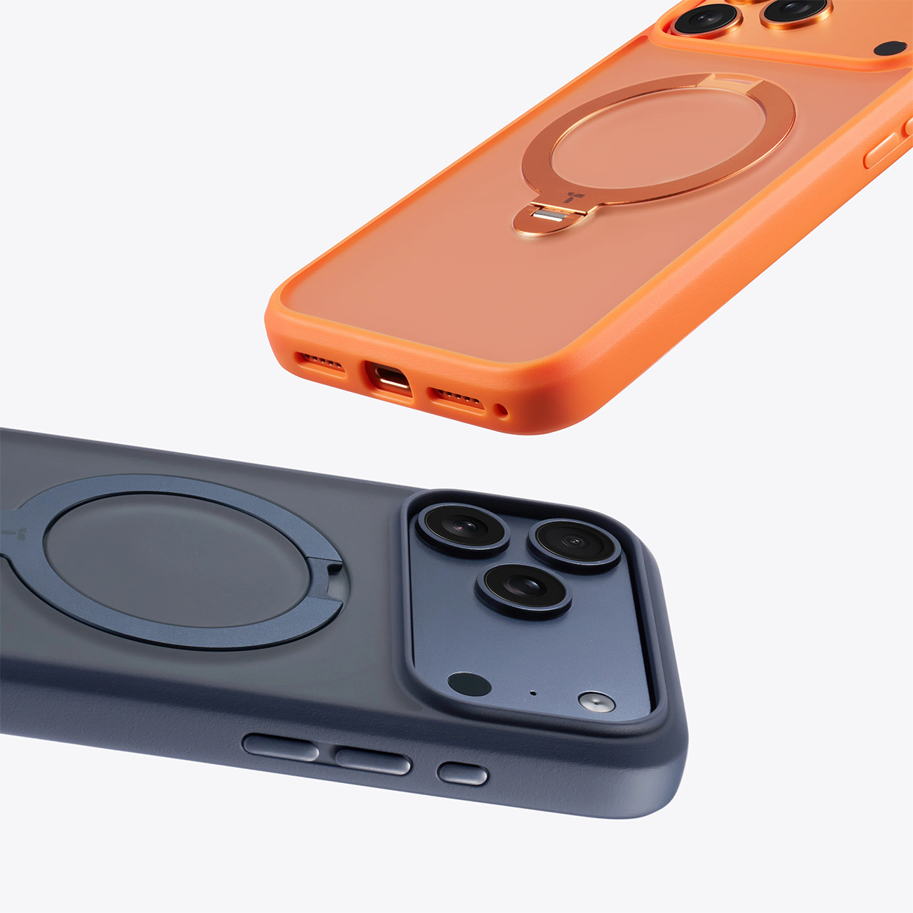 Dos fundas de teléfono: una naranja con anillo, una azul oscuro con anillo magnético.