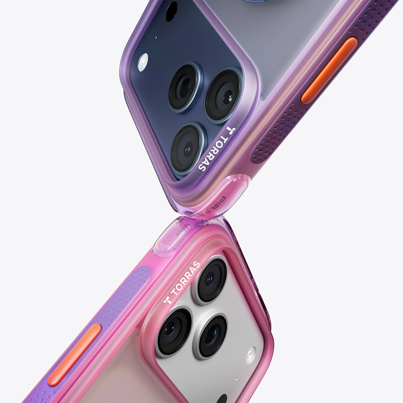 Dos fundas de teléfono degradadas moradas y rosas con botones naranjas sobre fondo blanco.