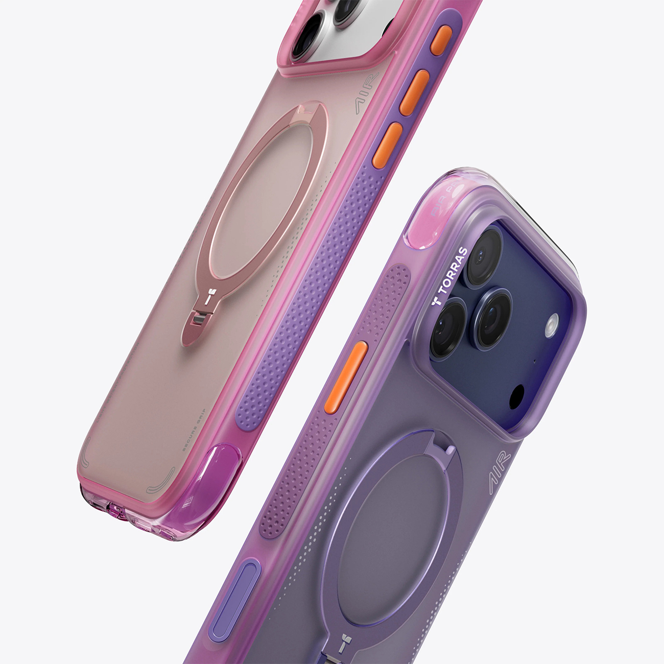 Dos iPhones con fundas moradas y rosas, con anillos integrados y botones naranjas.