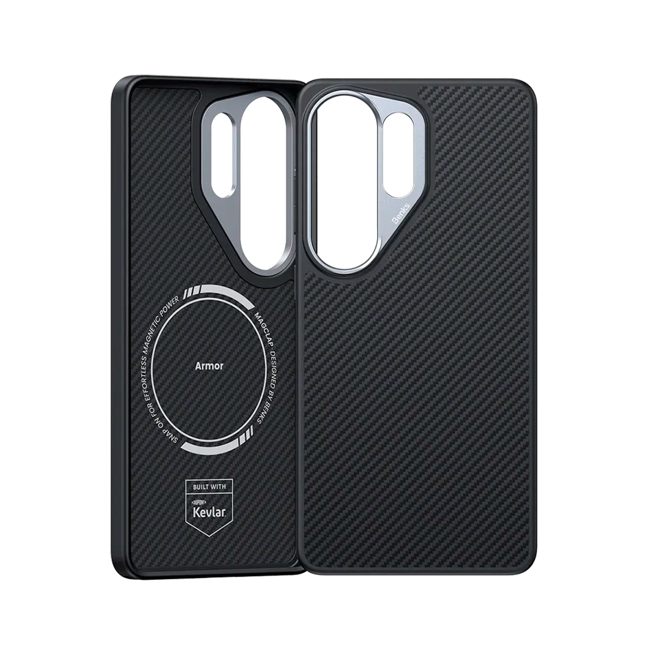Funda de teléfono negra de fibra de carbono con potencia magnética y detalles Kevlar.