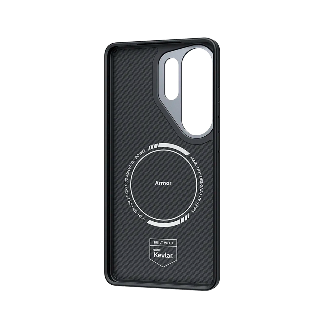 Funda negra para teléfono con textura de fibra de carbono, anillo magnético y logo Kevlar.