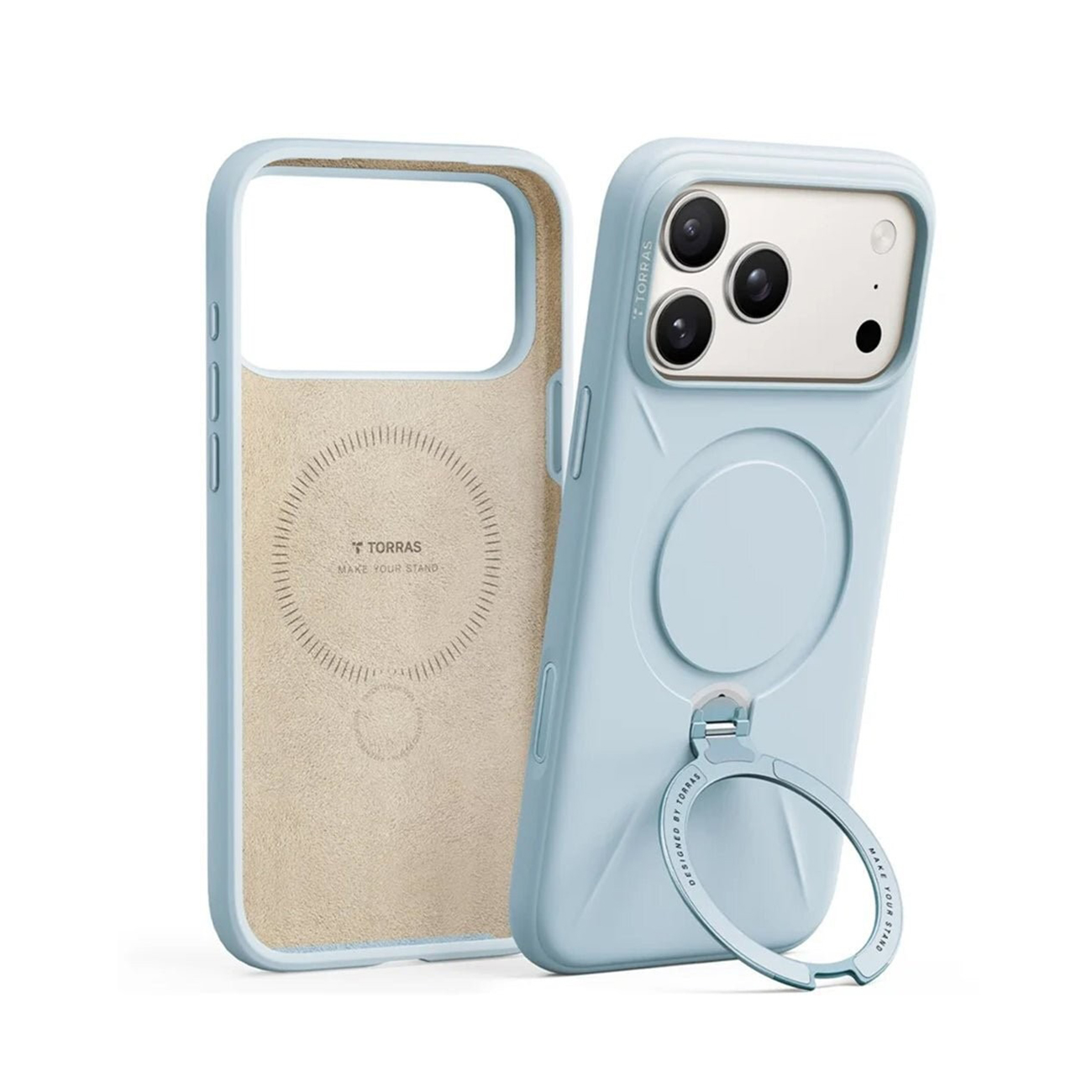 Dos fundas de teléfono azul claro con soporte de anillo integrado sobre fondo blanco.
