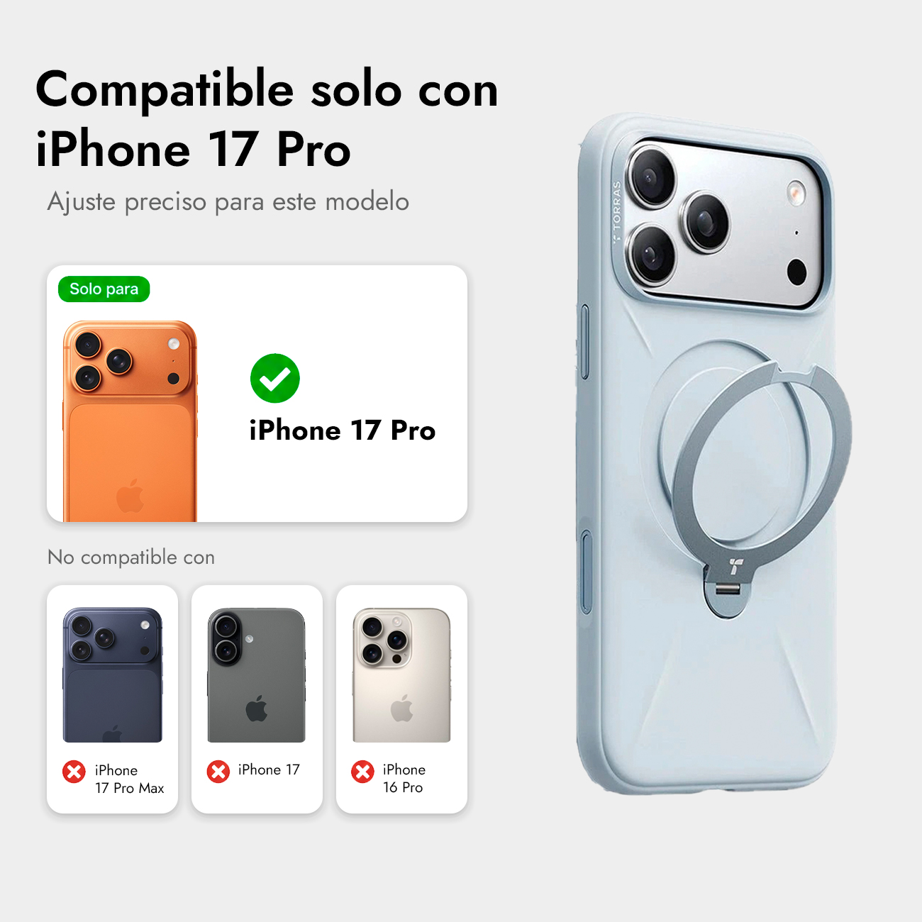 Una funda azul claro para iPhone 17 Pro con soporte de anillo. Solo compatible con iPhone 17 Pro.