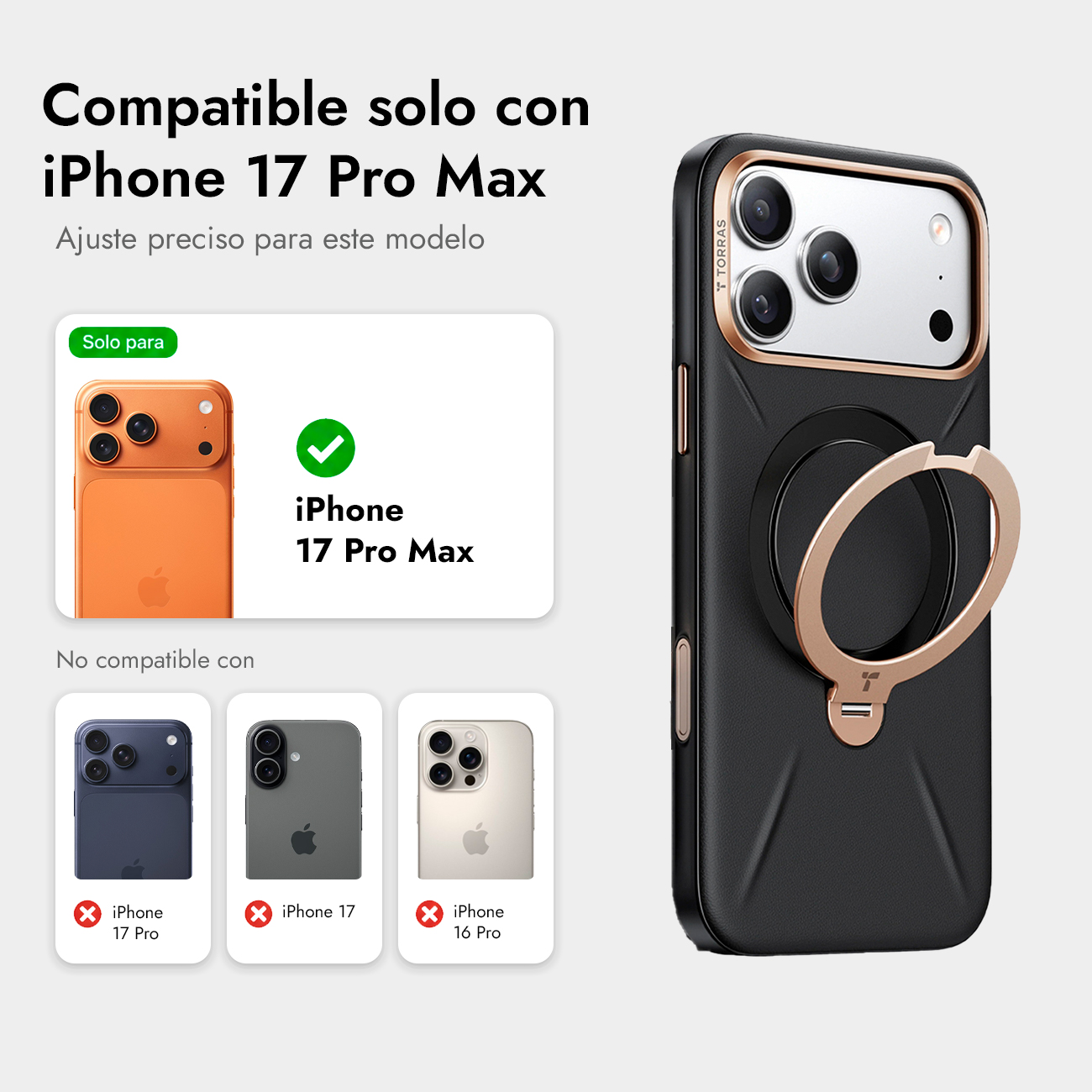 Funda negra iPhone 17 Pro Max con anillo, solo compatible con este modelo.