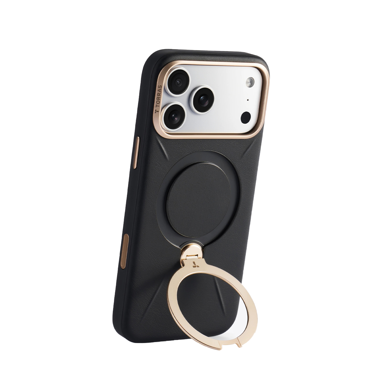 Funda negra para teléfono con soporte de anillo dorado y corte de cámara.