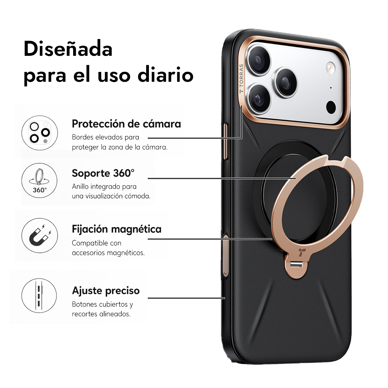 Funda negra para móvil con anillo oro rosa, protección cámara uso diario.