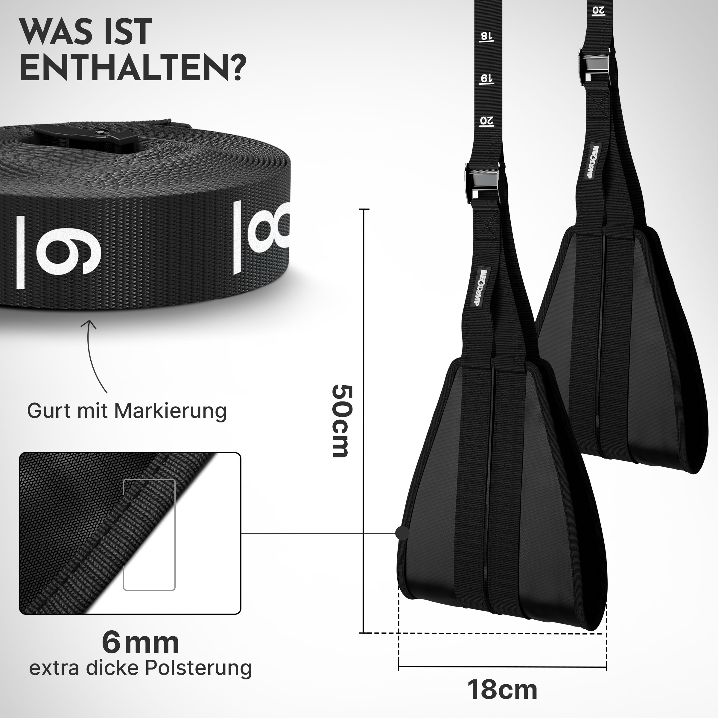 Schwarze Fitness-Aufhängeschlaufen mit Maßen und Markierungen.