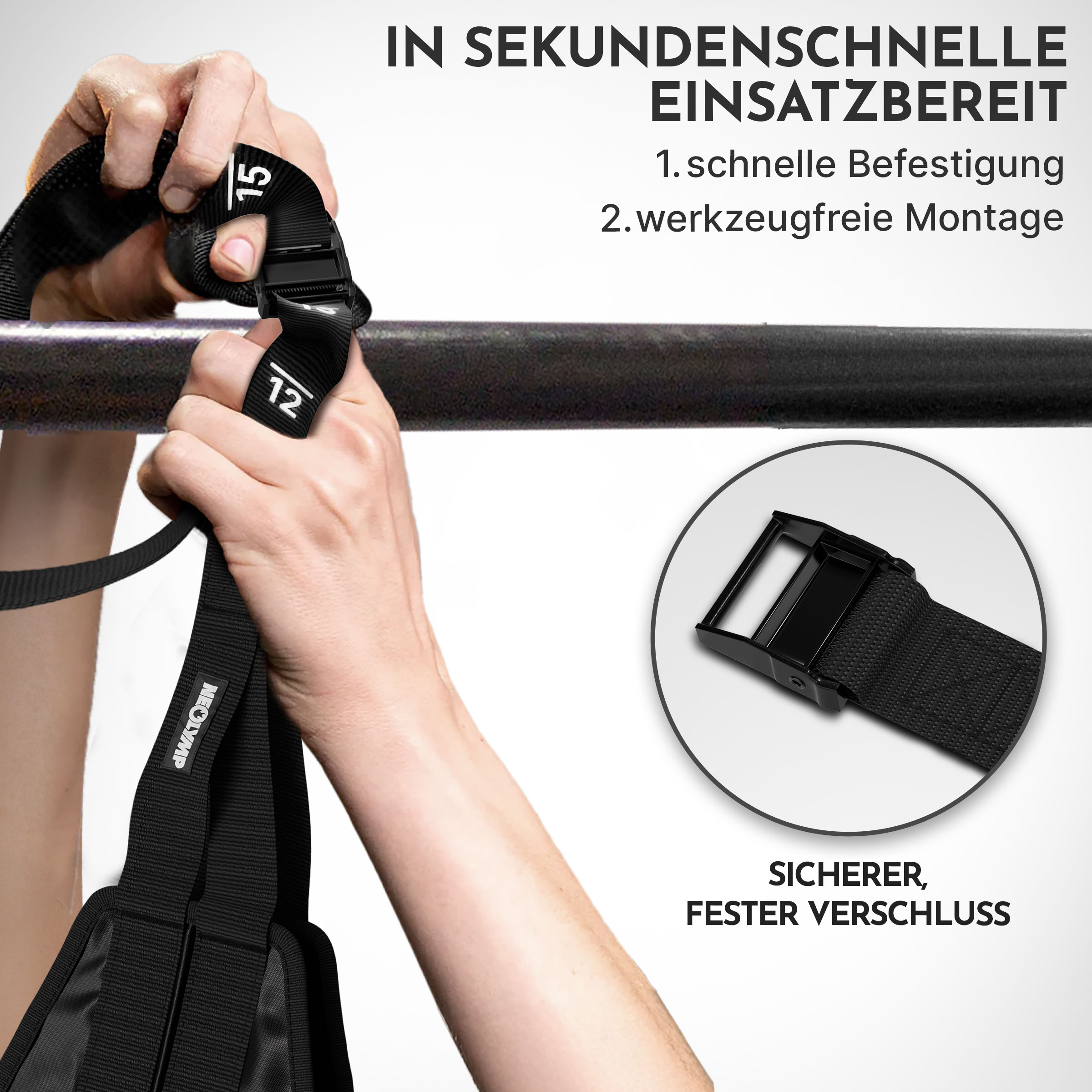 Hände befestigen schwarzes Gurtband mit Schnalle an einer Stange. "15" und "12" sind auf dem Band.