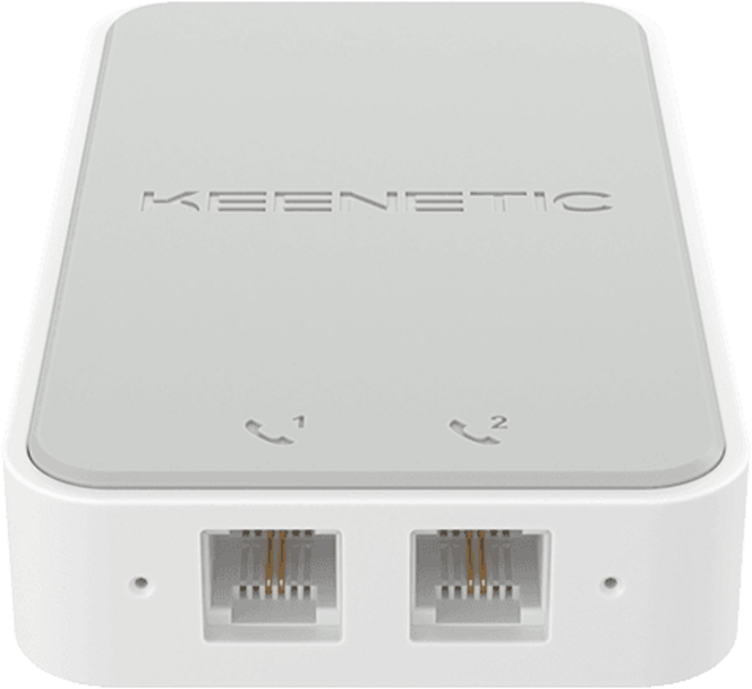 Un piccolo dispositivo Keenetic grigio con due porte telefoniche e logo Keenetic.