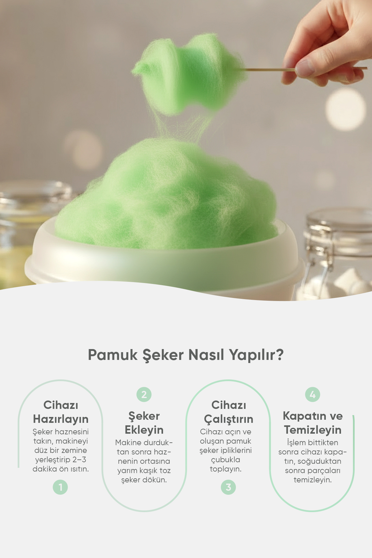 Yeşil pamuk şeker sırığa sarılıyor, yanında şeker kavanozları var.