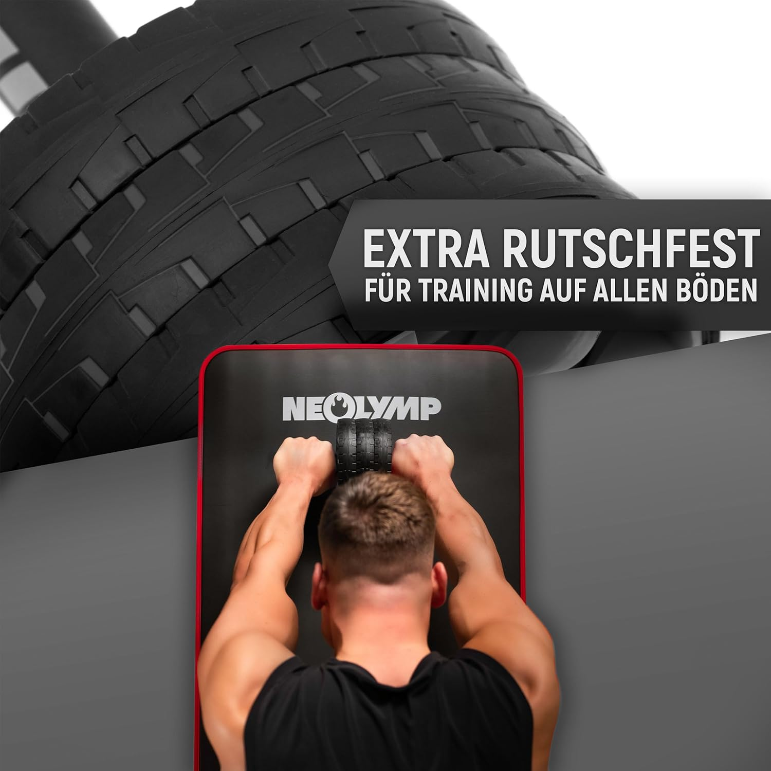 Mann trainiert mit Bauchroller, der Text lautet: EXTRA RUTSCHFEST.