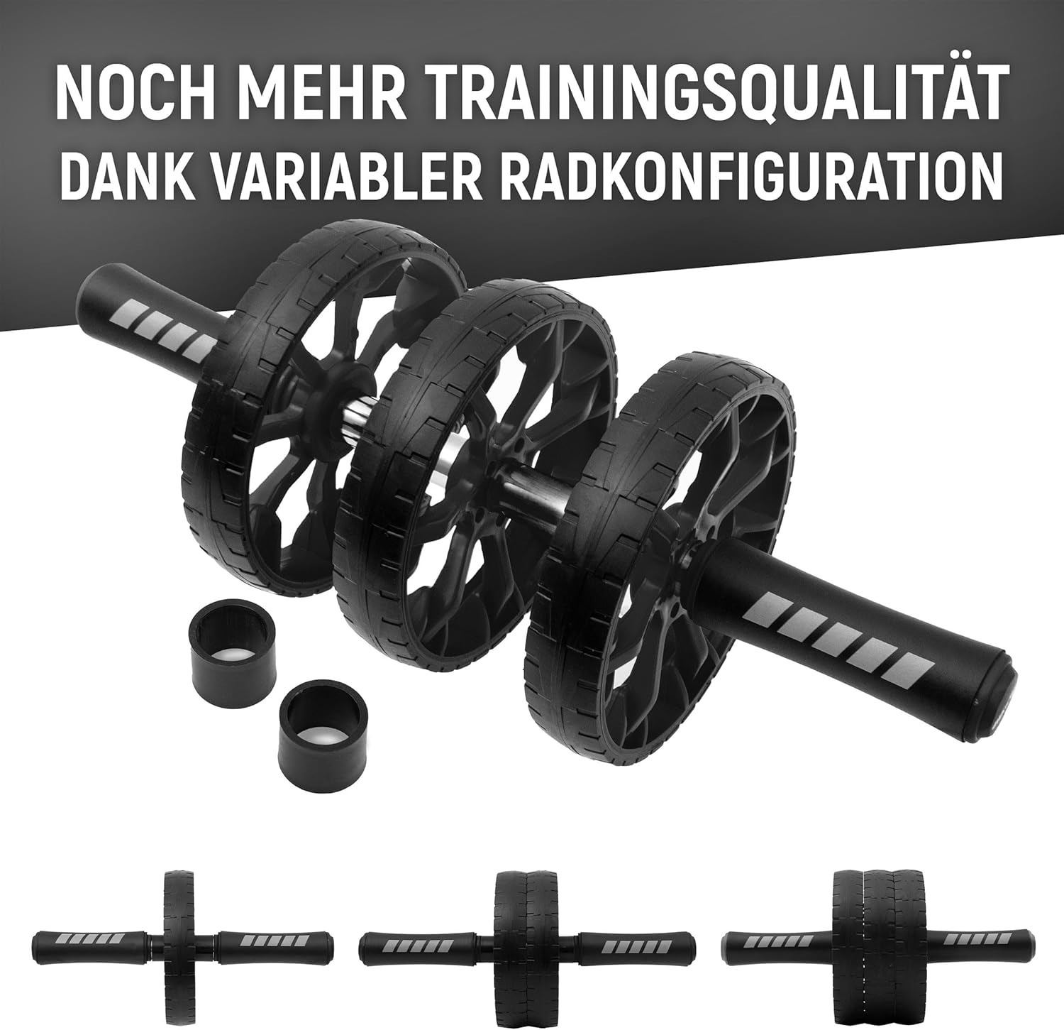 Ein Bauchtrainer mit drei Rädern und Griffen, mit Zubehör.