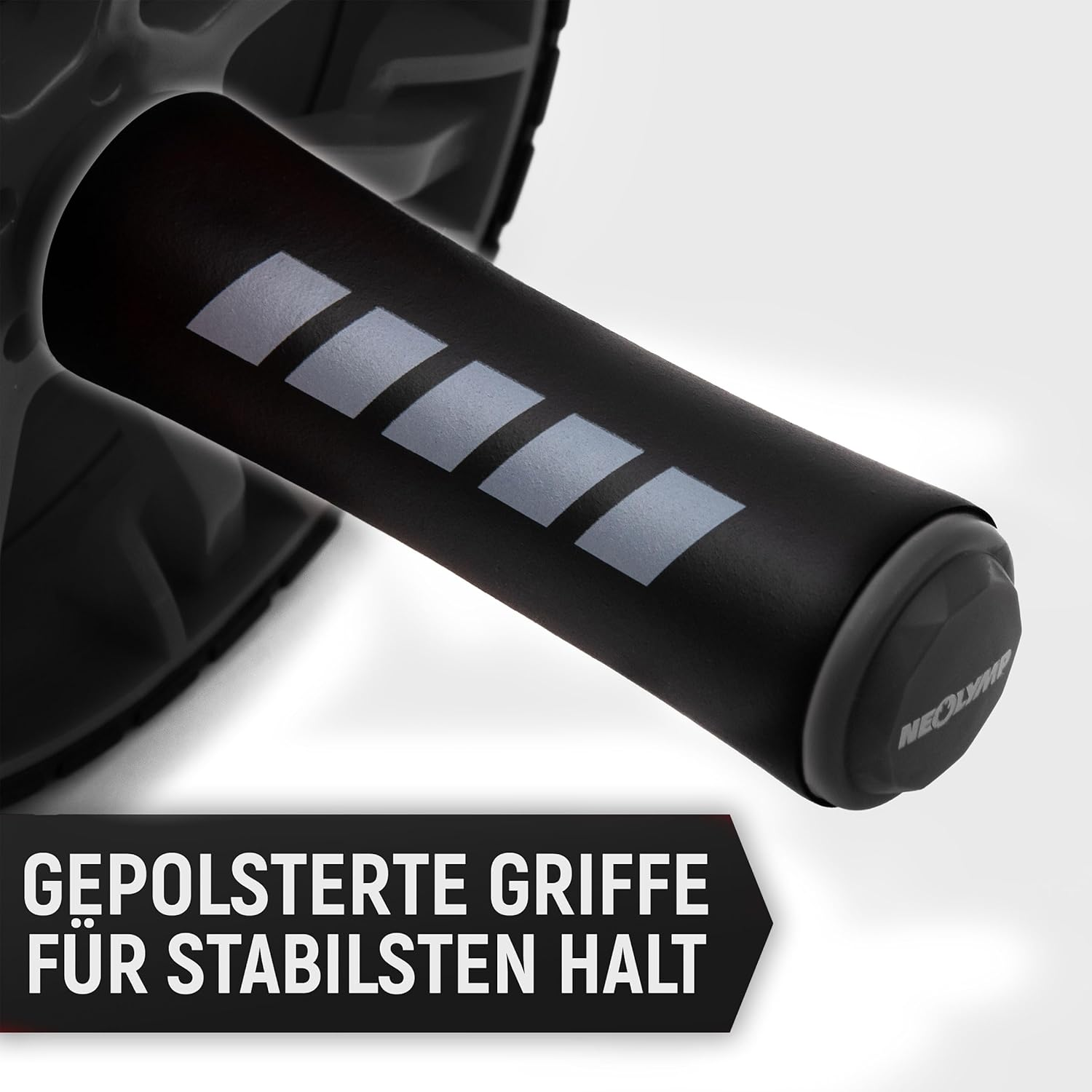 Schwarzer Griff mit vier grauen Rechtecken und dem Logo NEOLYMP.